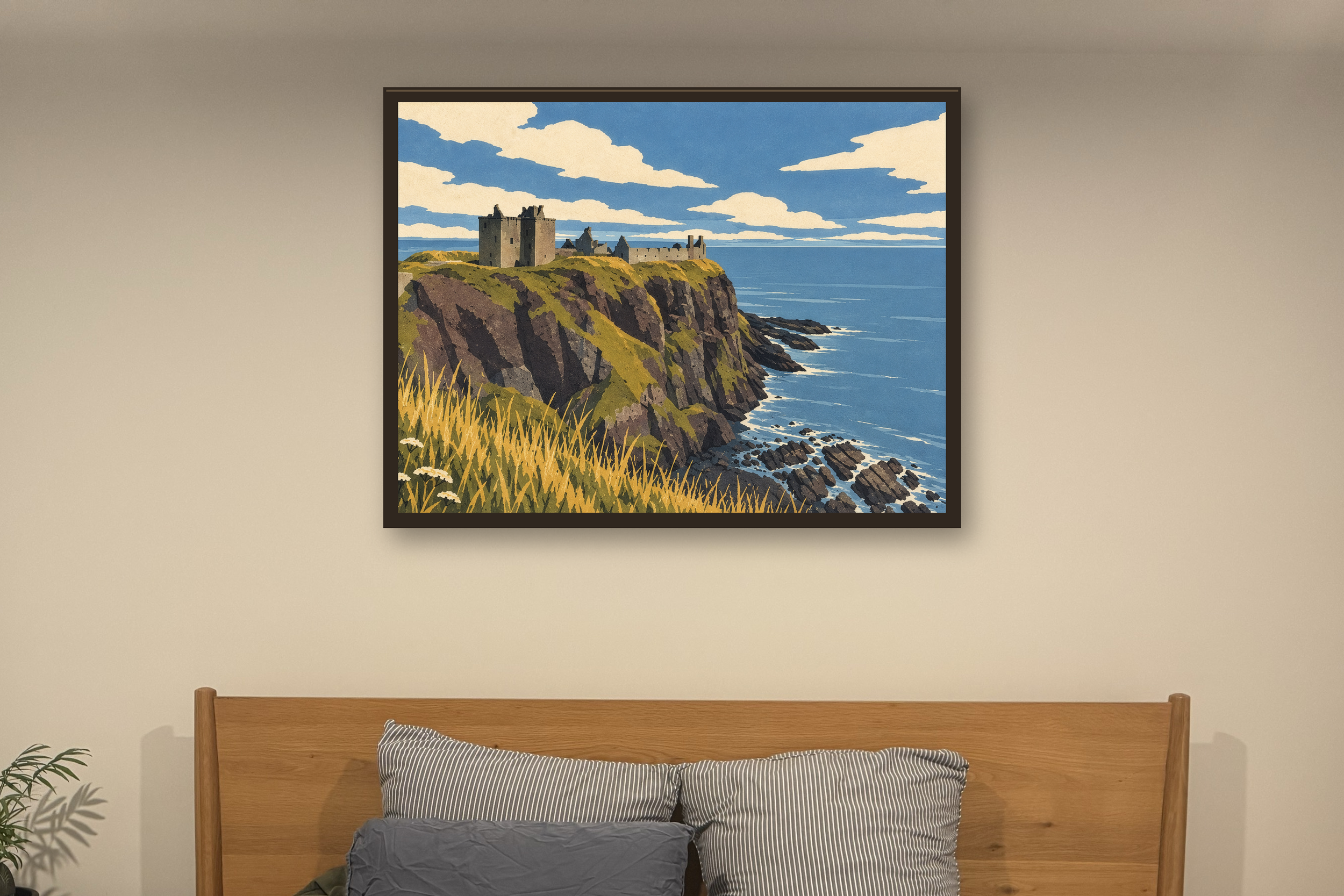 The Keep Above the Sea in the lithographic style, shown in a slim dark timber frame against a softly lit bedroom wall.