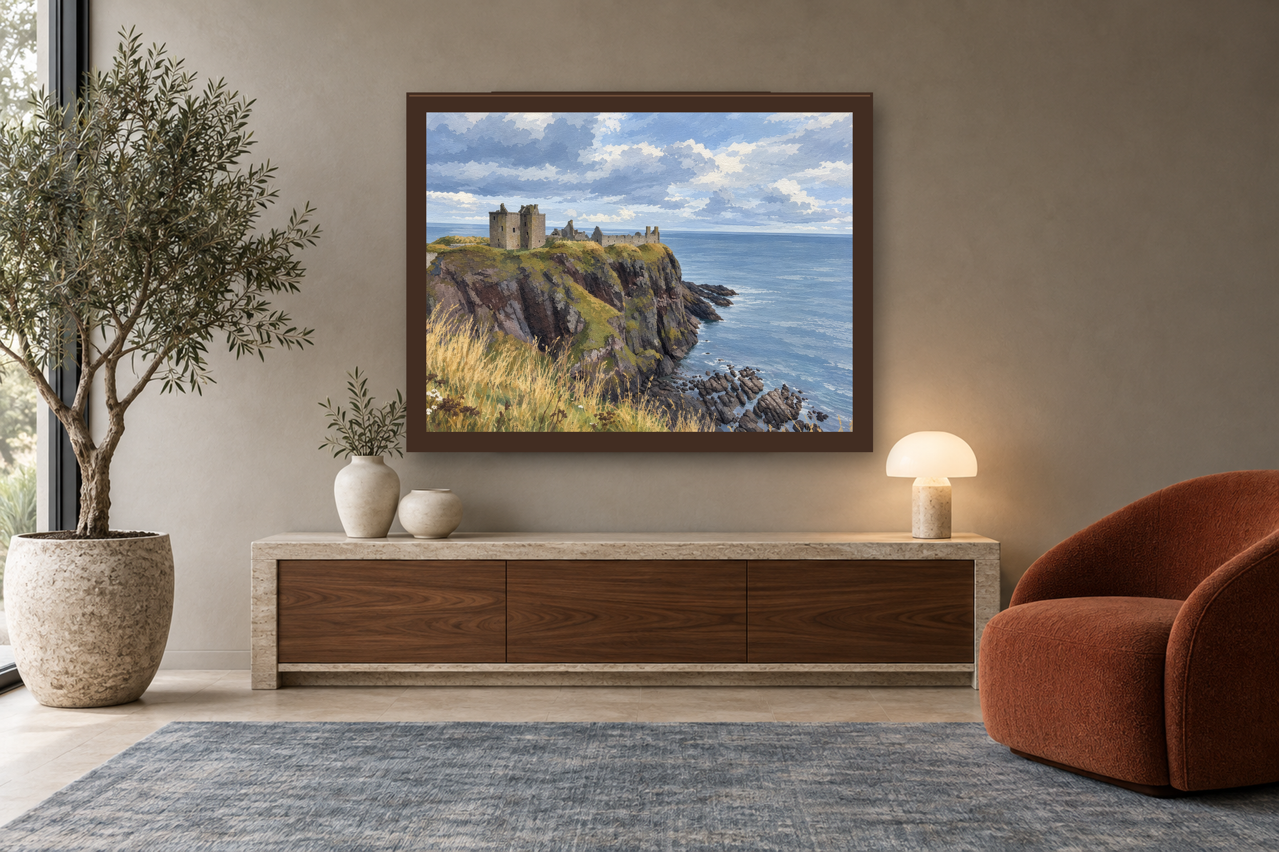 The Keep Above the Sea in the gouache style, framed above a walnut console in a warm neutral reading room.