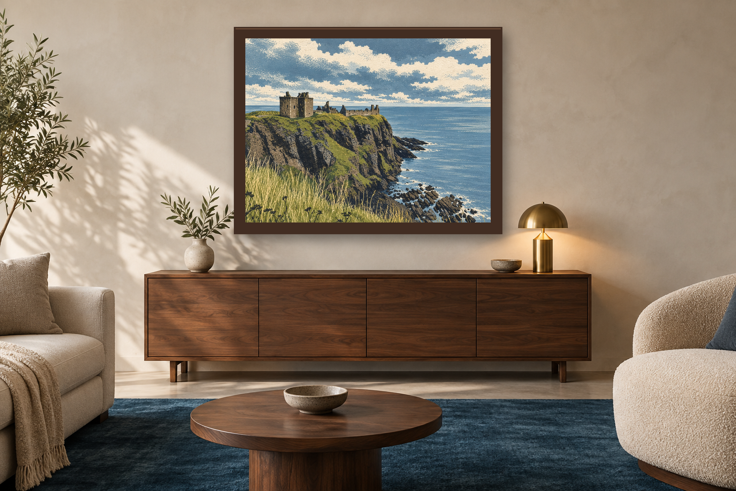 The Keep Above the Sea in the screenprint style, framed above a walnut credenza in a sunlit neutral living room.