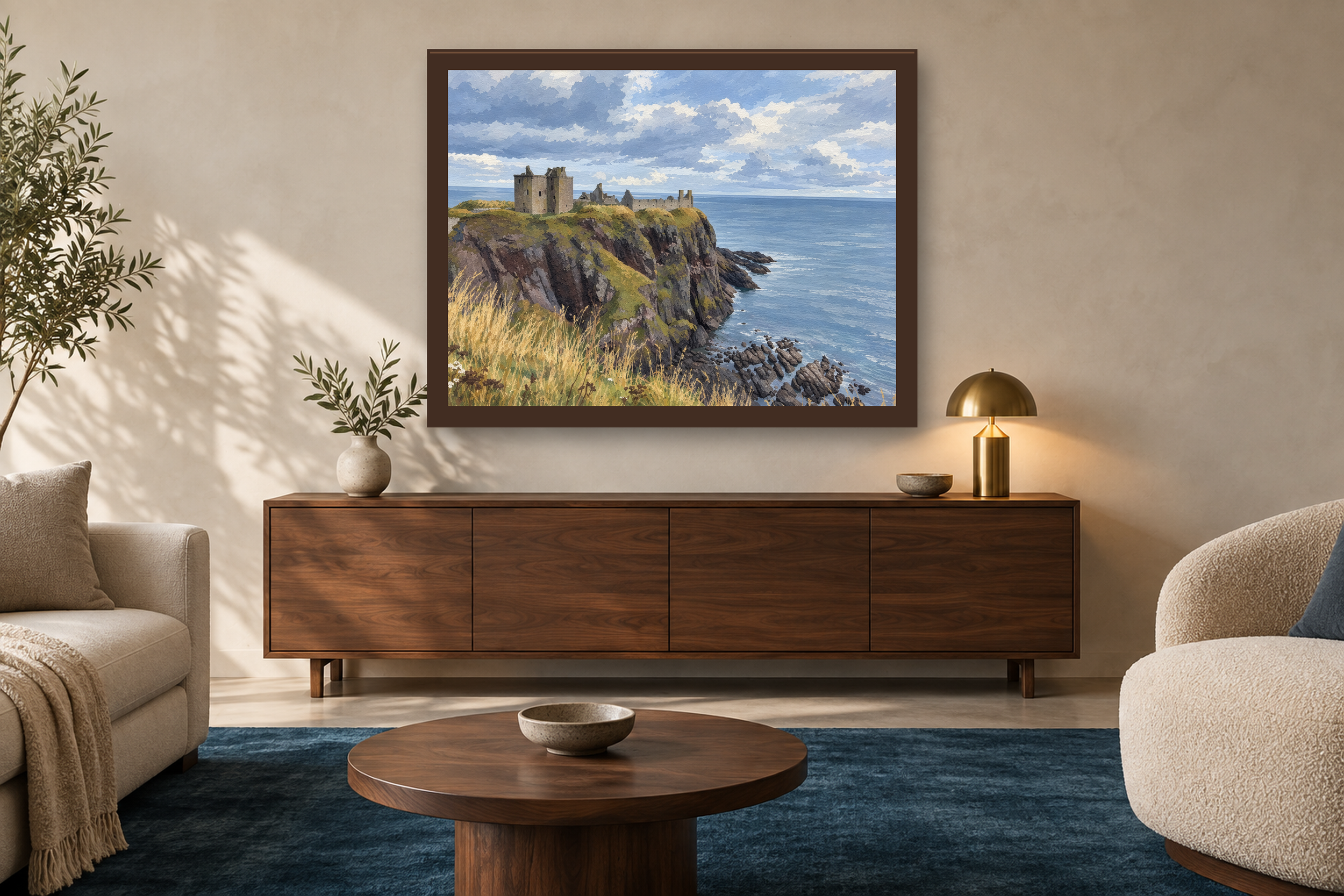 The Keep Above the Sea in the gouache style, framed above a walnut credenza in a sunlit neutral living room.