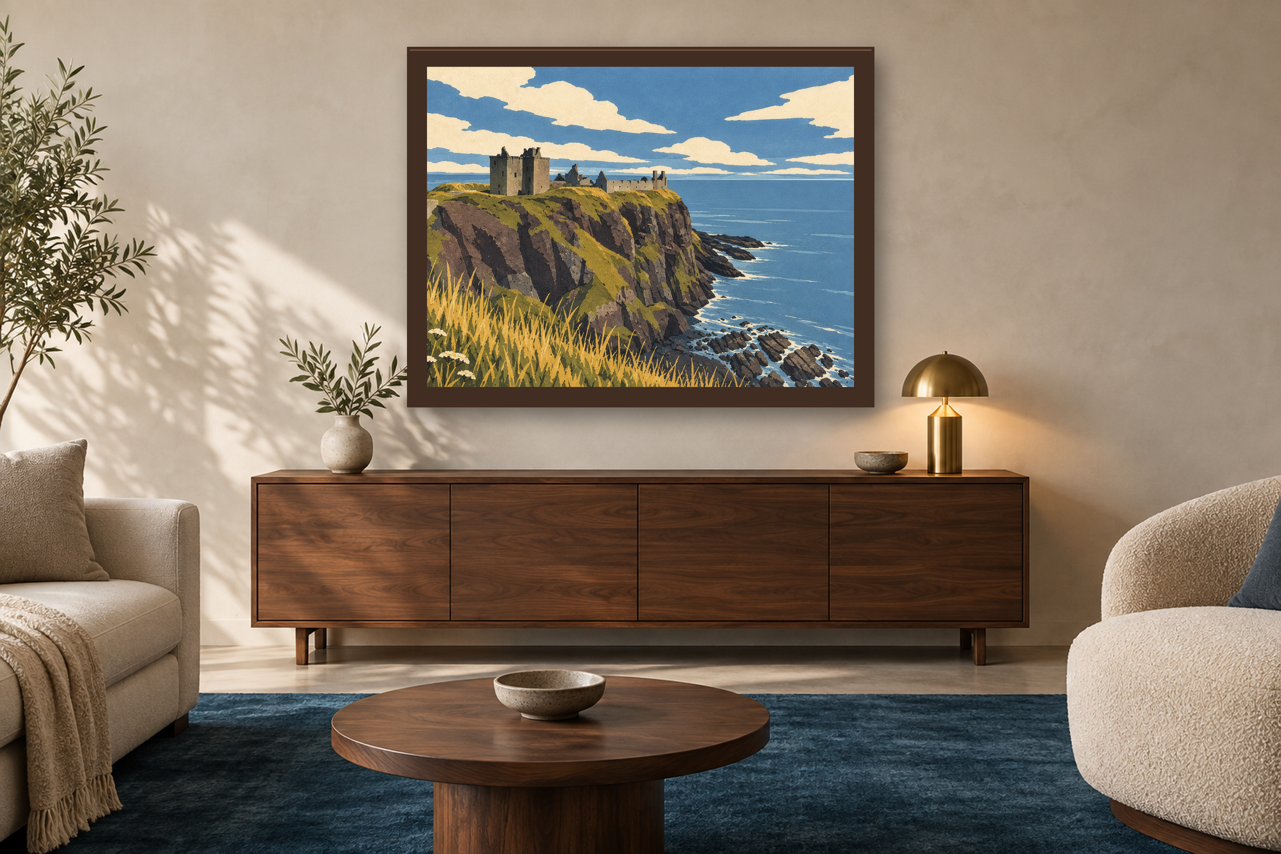 The Keep Above the Sea in the lithographic style, framed above a walnut credenza in a sunlit neutral living room.