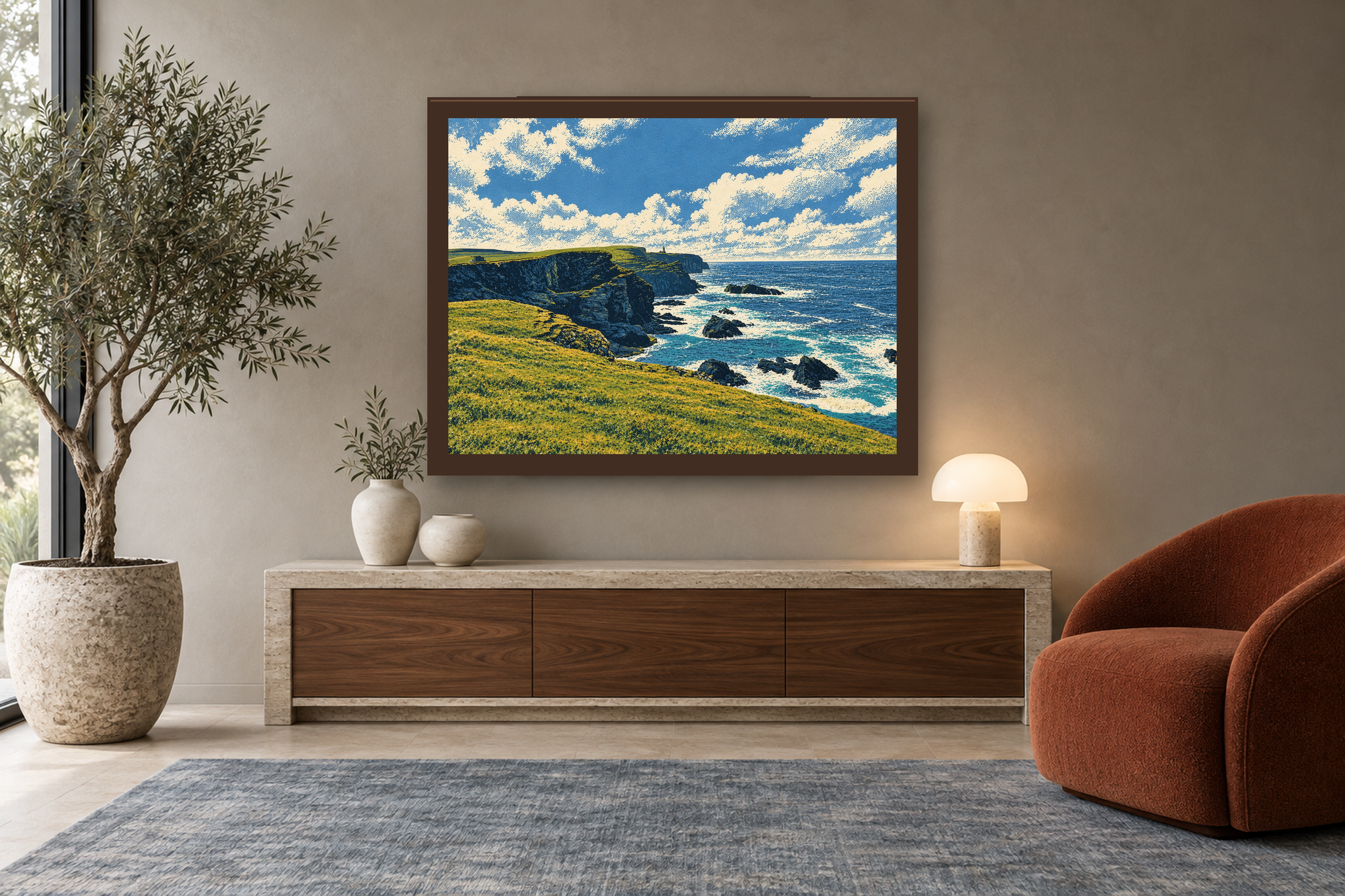 Weather at the Edge in the screenprint style, framed above a walnut console in a warm neutral reading room.