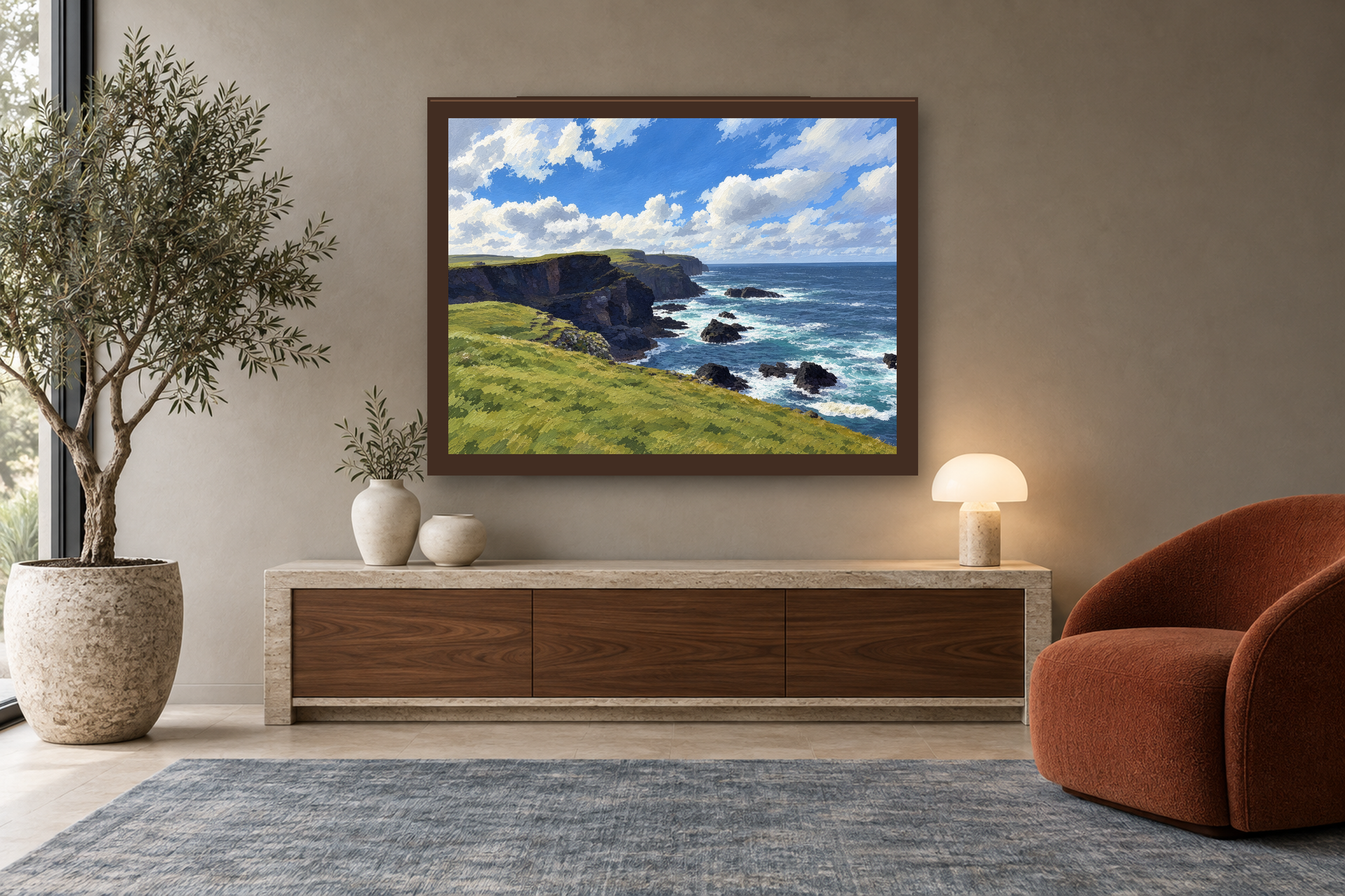 Weather at the Edge in the gouache style, framed above a walnut console in a warm neutral reading room.