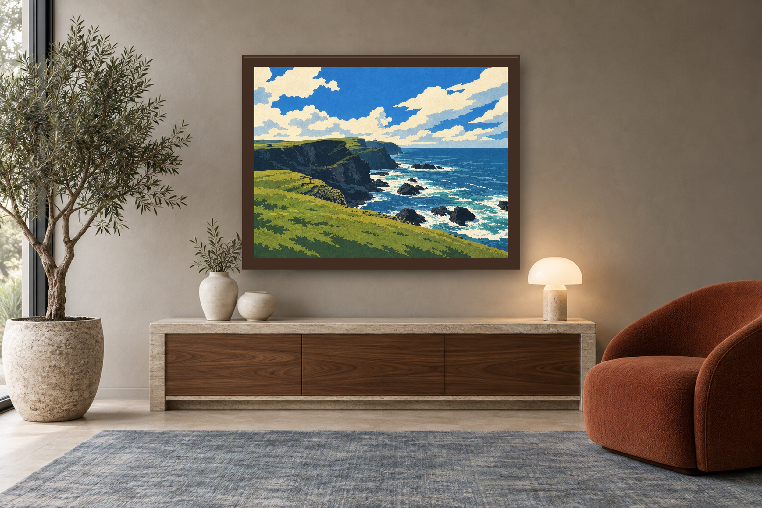 Weather at the Edge in the lithographic style, framed above a walnut console in a warm neutral reading room.