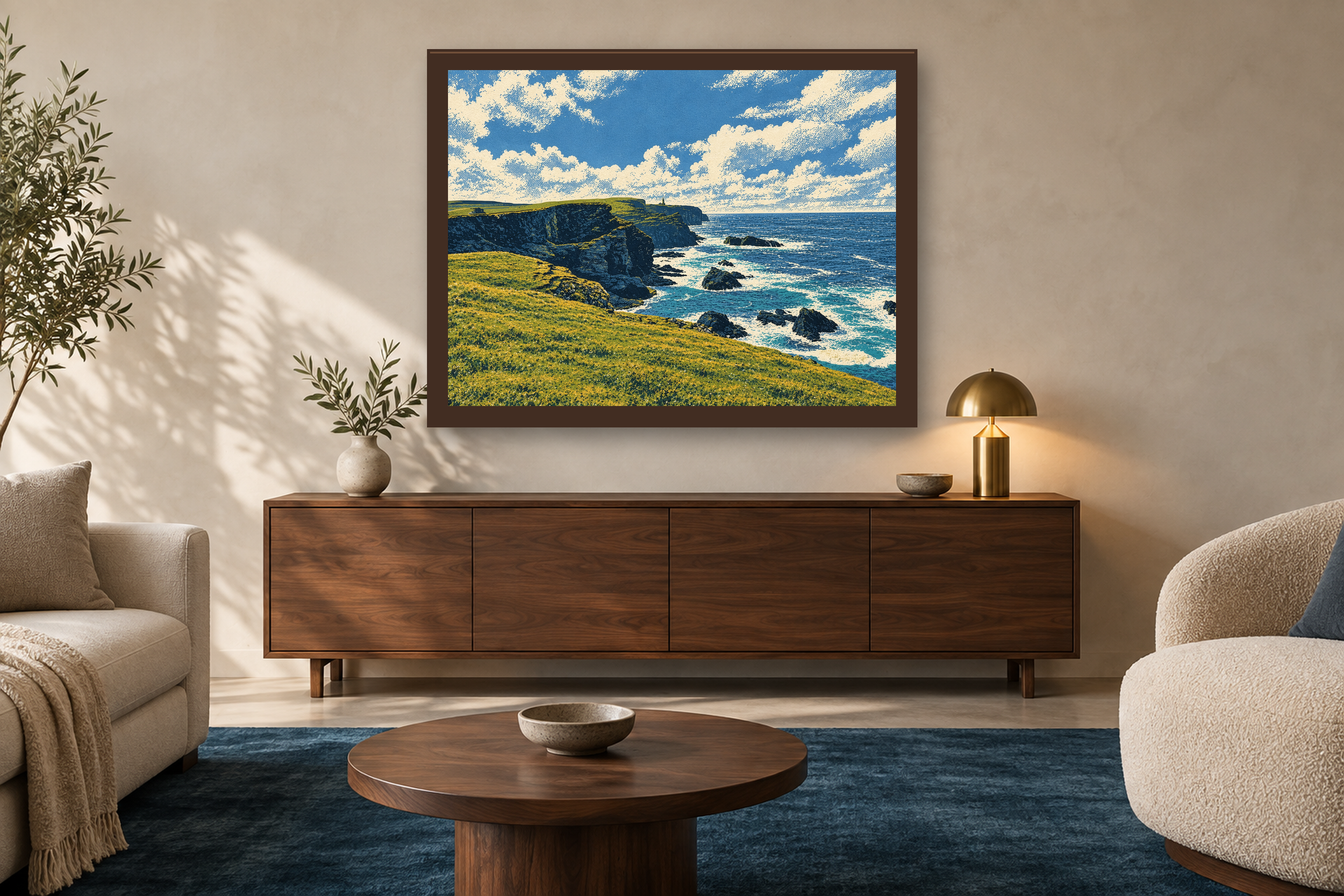 Weather at the Edge in the screenprint style, framed above a walnut credenza in a sunlit neutral living room.