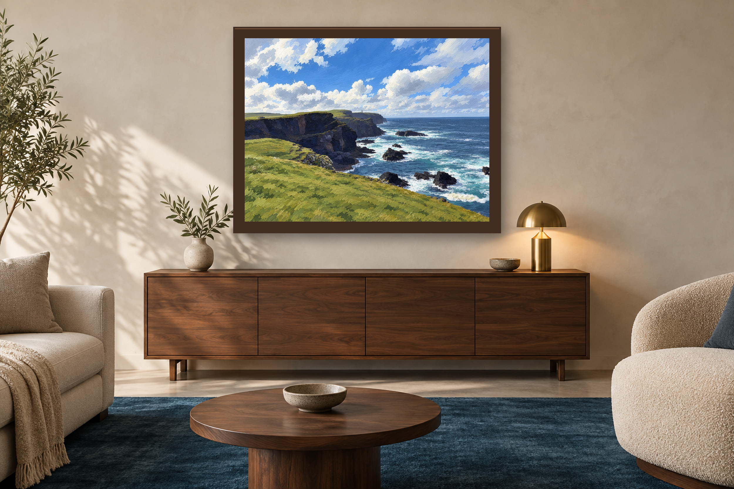 Weather at the Edge in the gouache style, framed above a walnut credenza in a sunlit neutral living room.
