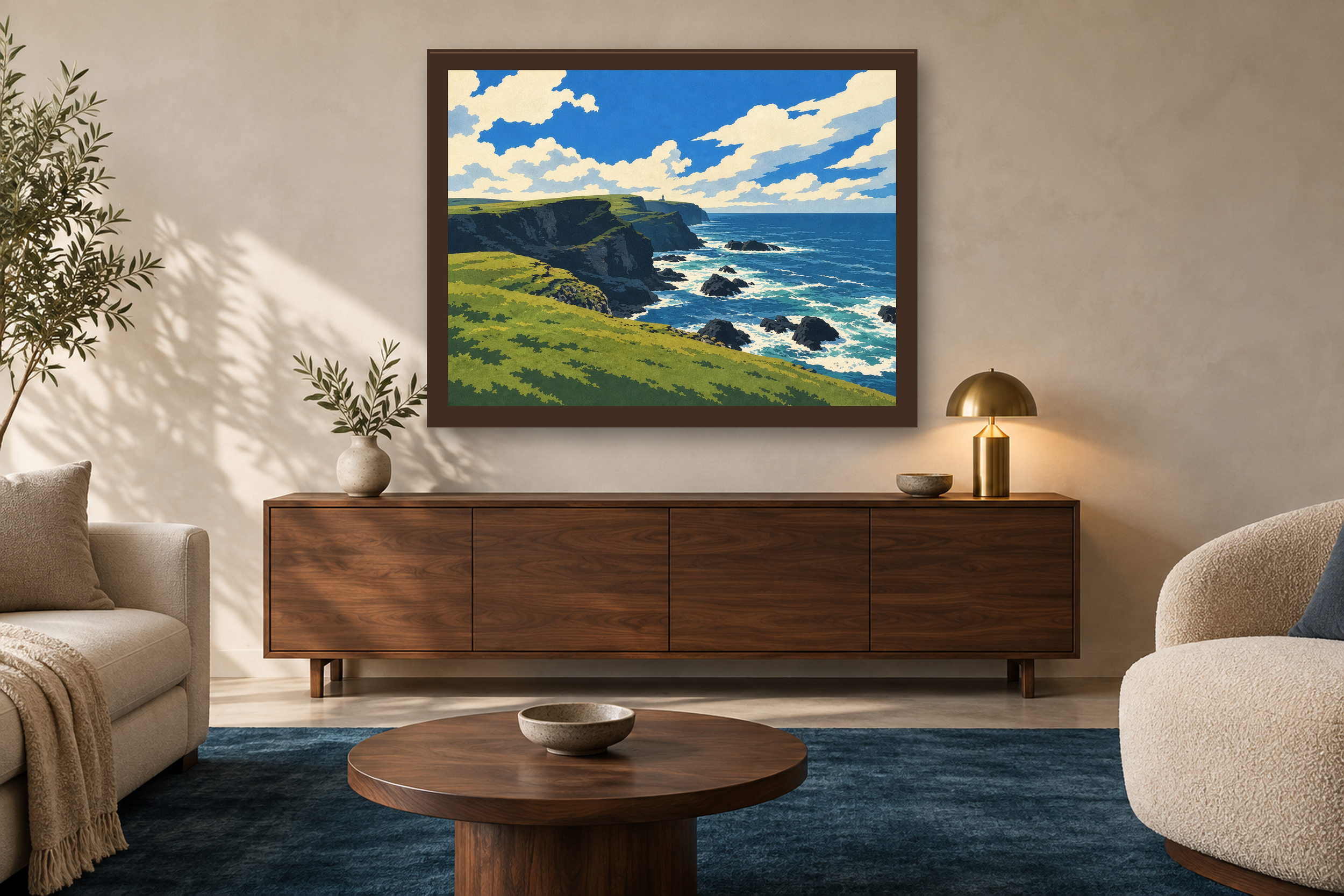 Weather at the Edge in the lithographic style, framed above a walnut credenza in a sunlit neutral living room.