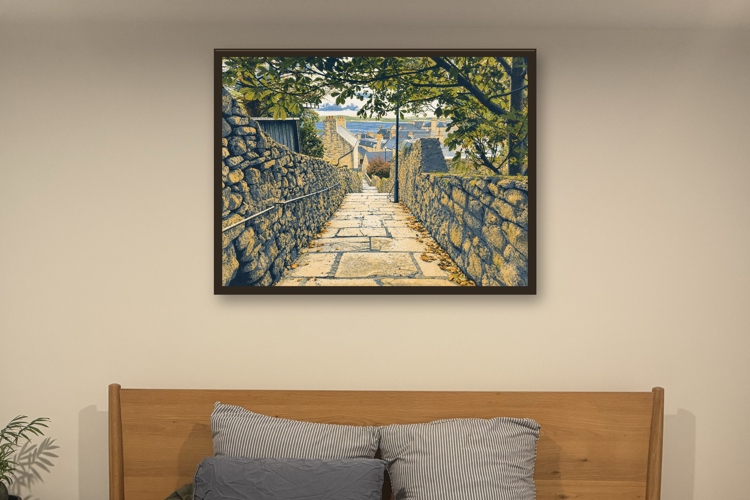 The Way Down in the screenprint style, shown in a slim dark timber frame against a softly lit bedroom wall.