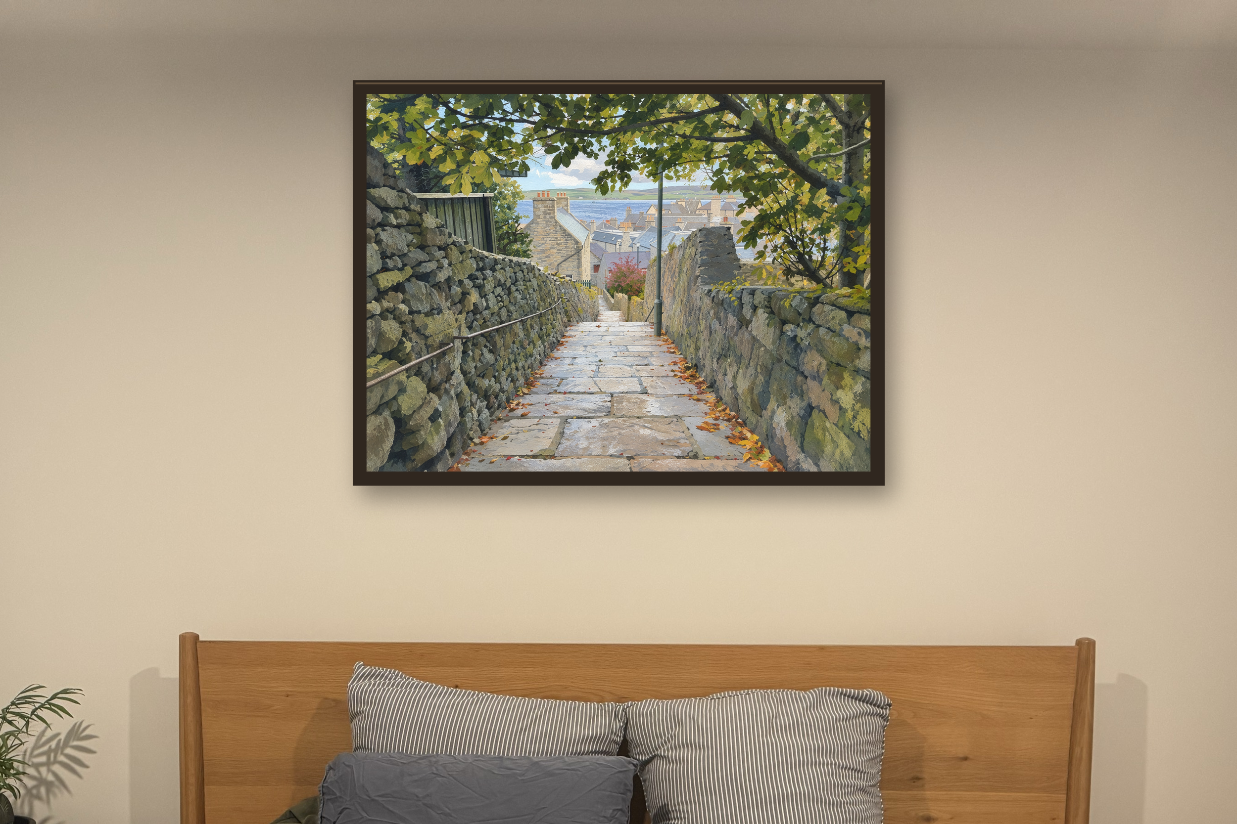 The Way Down in the gouache style, shown in a slim dark timber frame against a softly lit bedroom wall.