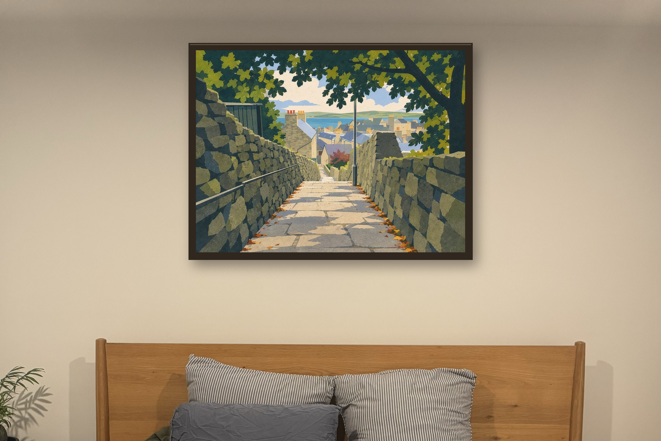 The Way Down in the lithographic style, shown in a slim dark timber frame against a softly lit bedroom wall.