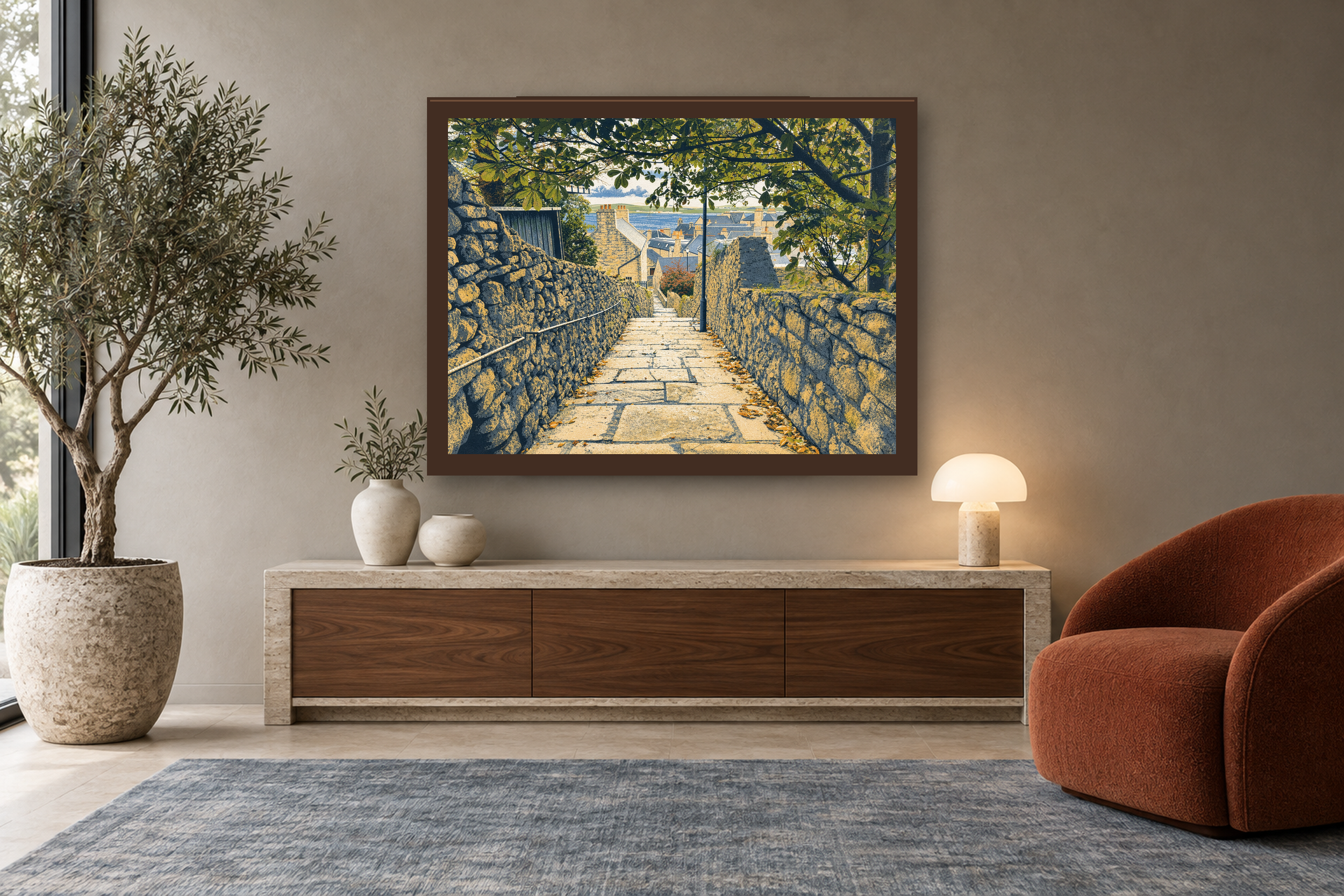 The Way Down in the screenprint style, framed above a walnut console in a warm neutral reading room.