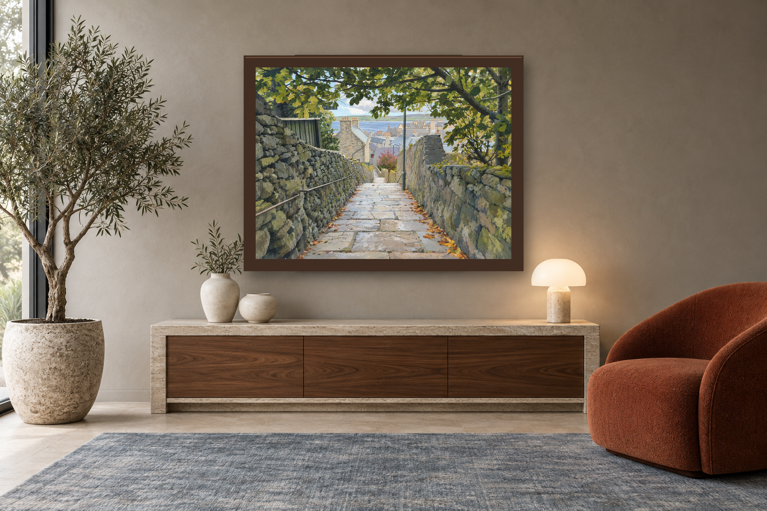 The Way Down in the gouache style, framed above a walnut console in a warm neutral reading room.