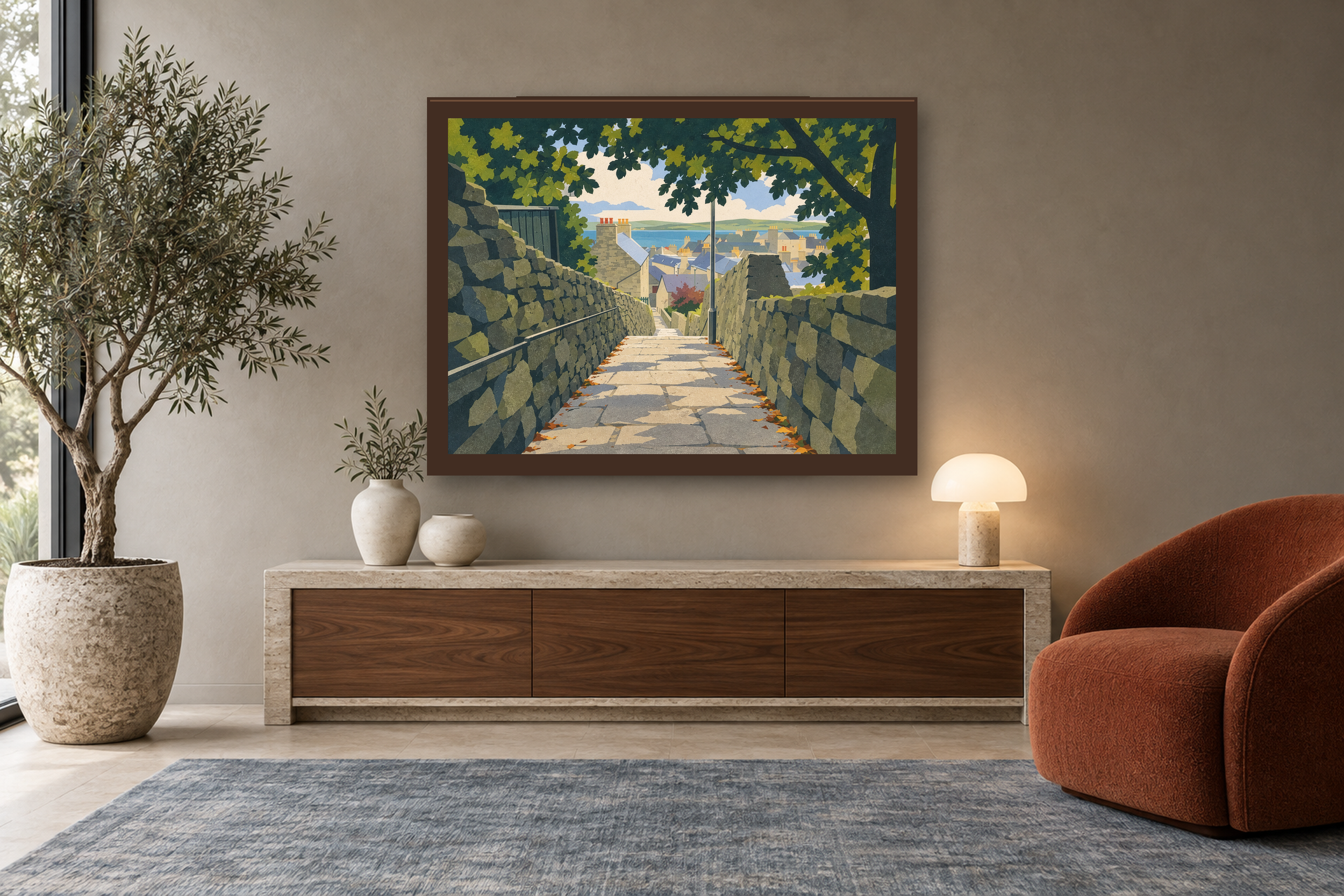 The Way Down in the lithographic style, framed above a walnut console in a warm neutral reading room.