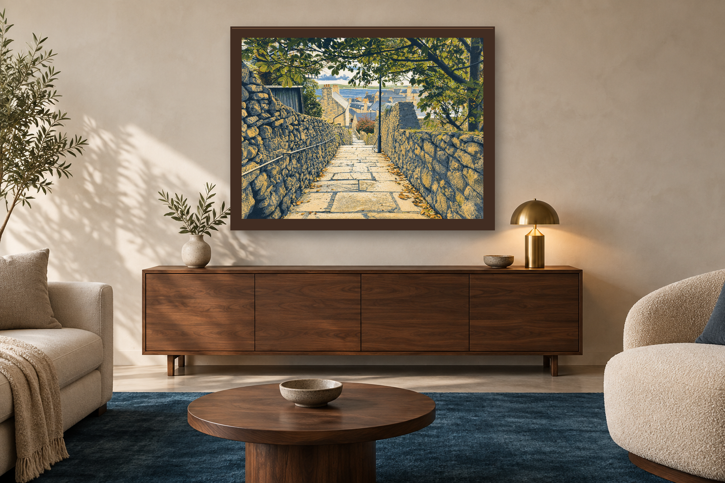 The Way Down in the screenprint style, framed above a walnut credenza in a sunlit neutral living room.