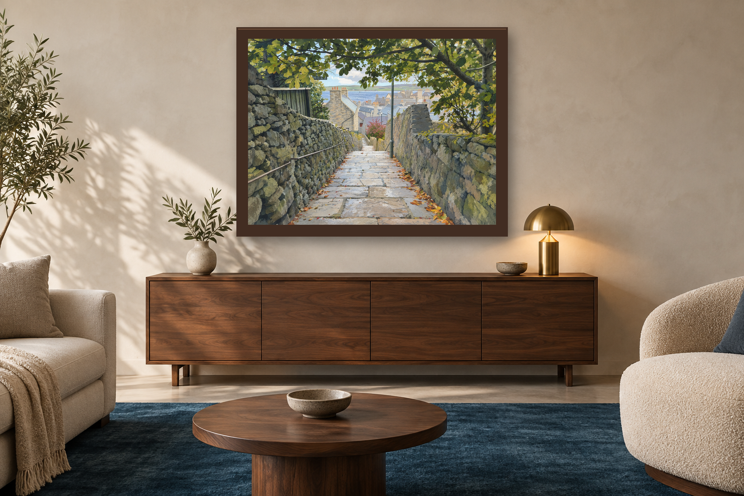 The Way Down in the gouache style, framed above a walnut credenza in a sunlit neutral living room.