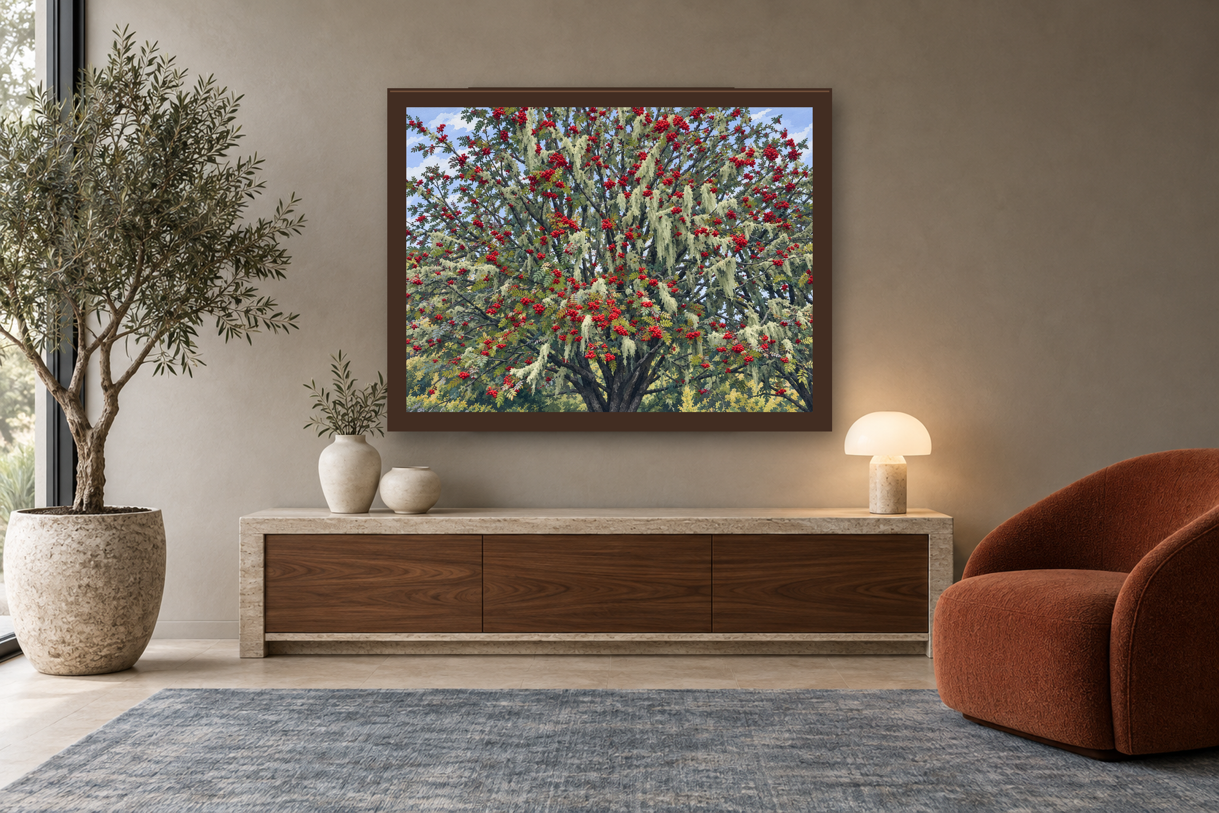 Red Letter Day in the gouache style, framed above a walnut console in a warm neutral reading room.
