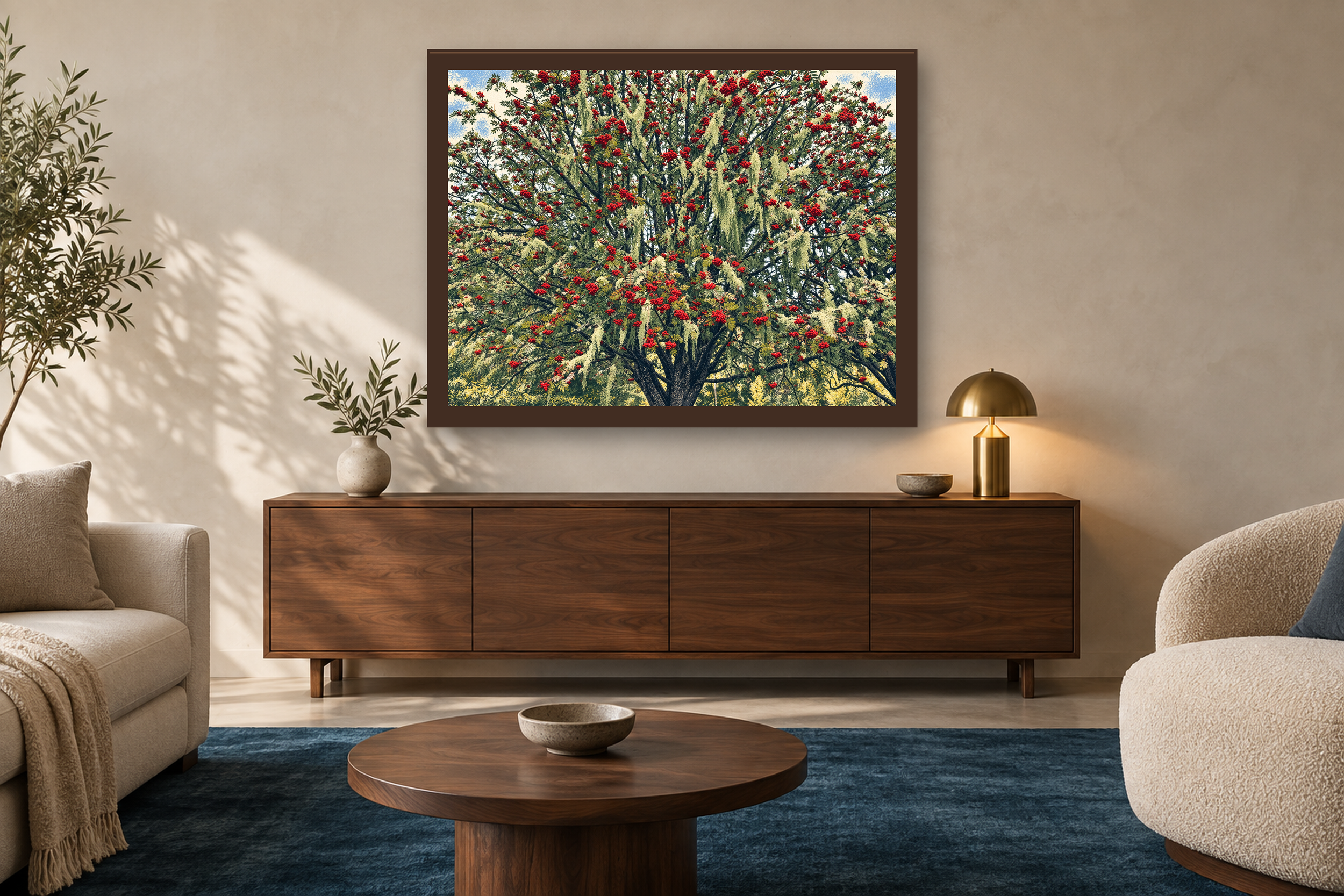 Red Letter Day in the screenprint style, framed above a walnut credenza in a sunlit neutral living room.