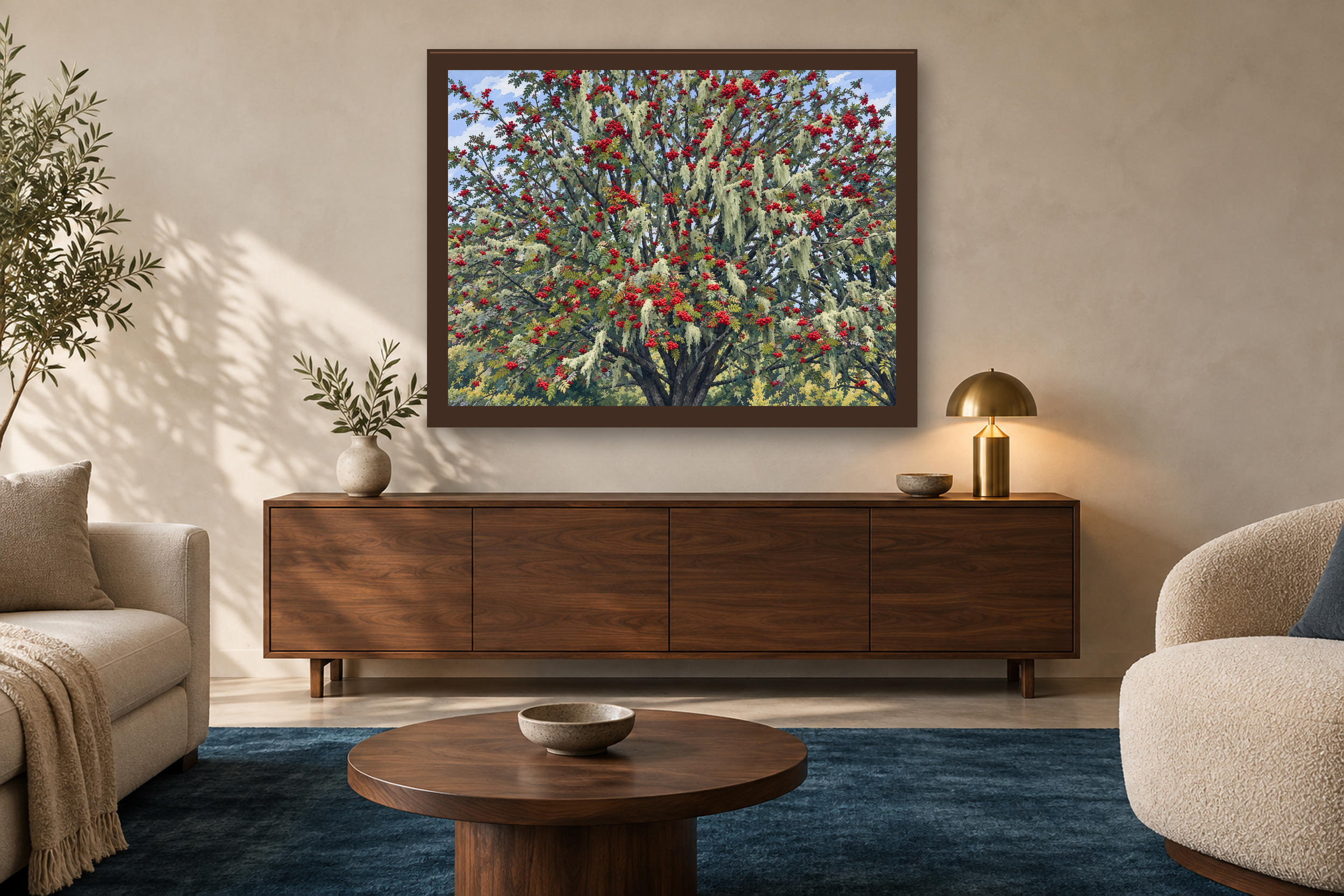 Red Letter Day in the gouache style, framed above a walnut credenza in a sunlit neutral living room.