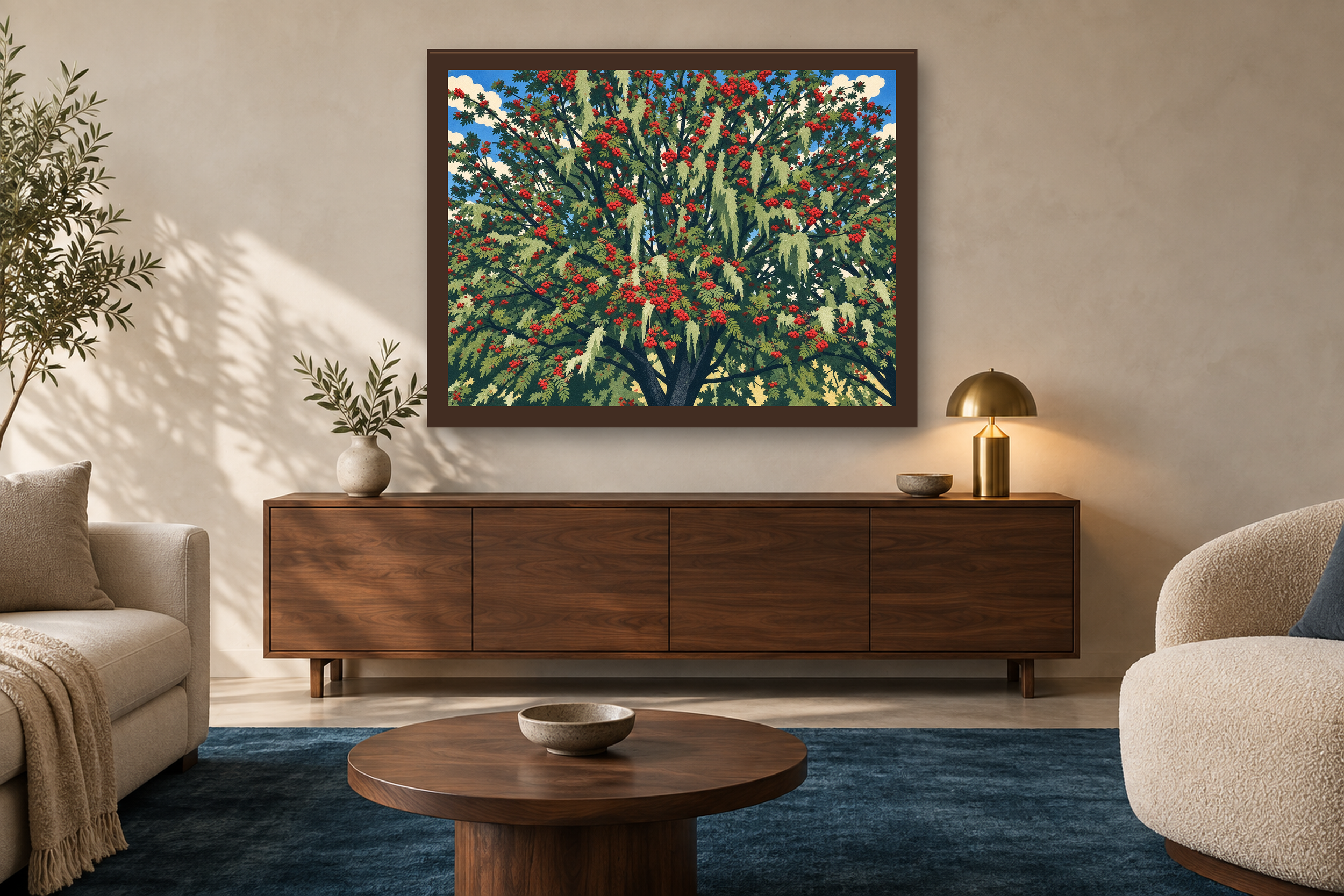 Red Letter Day in the lithographic style, framed above a walnut credenza in a sunlit neutral living room.