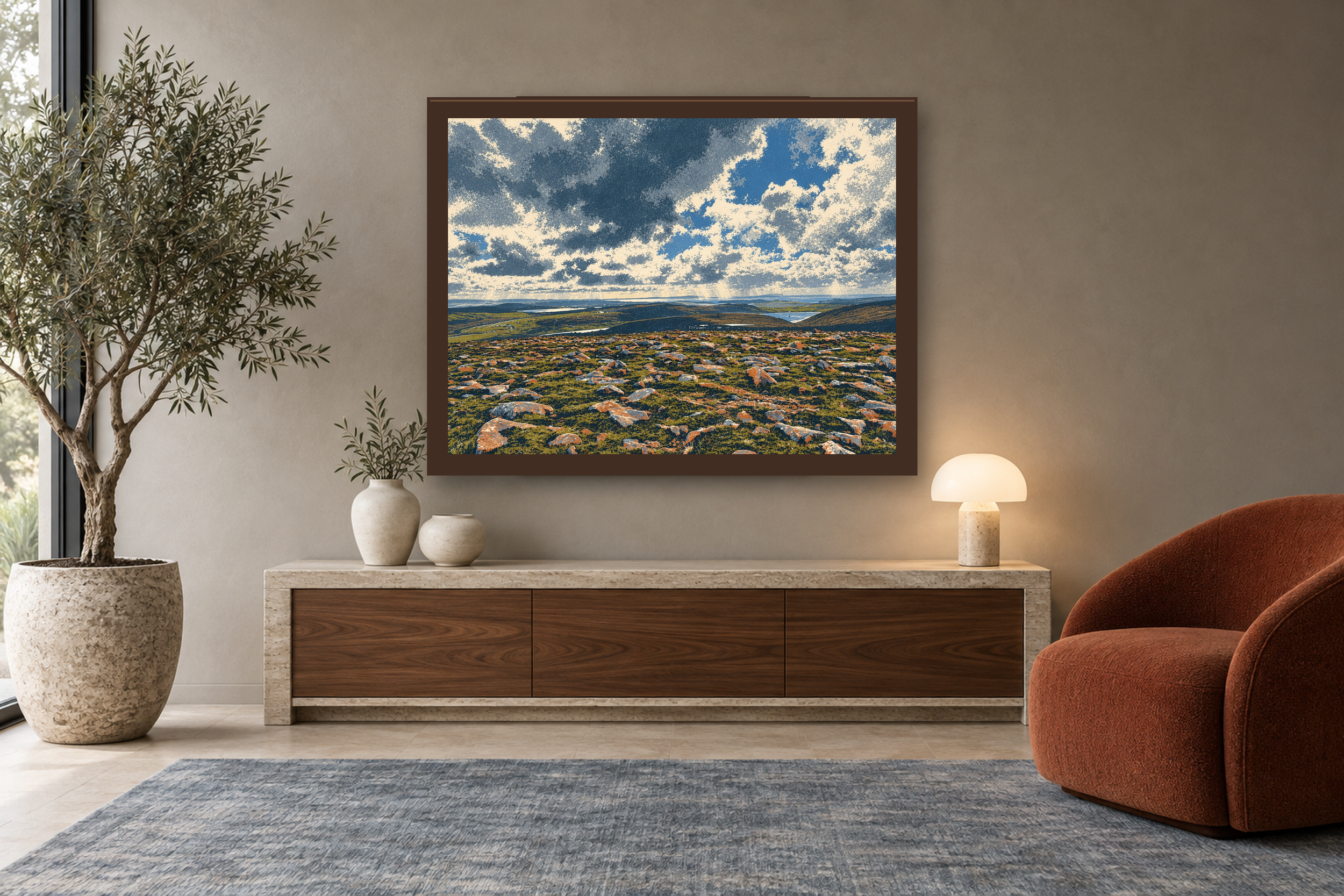 Distance After Rain in the screenprint style, framed above a walnut console in a warm neutral reading room.