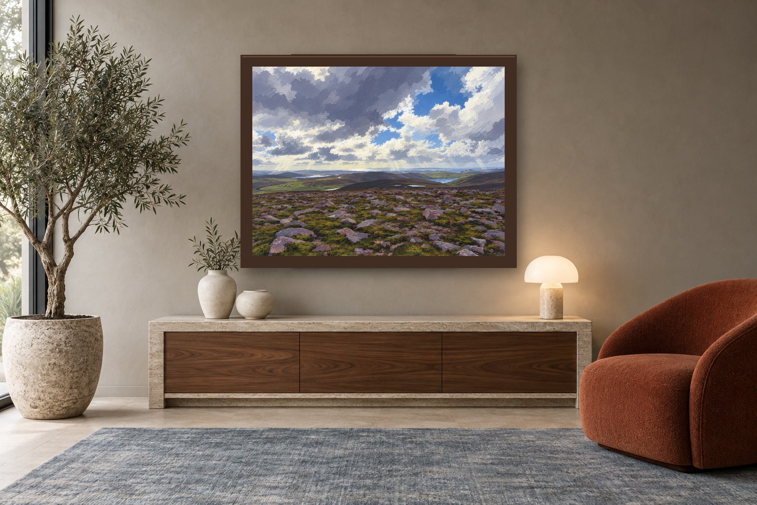 Distance After Rain in the gouache style, framed above a walnut console in a warm neutral reading room.