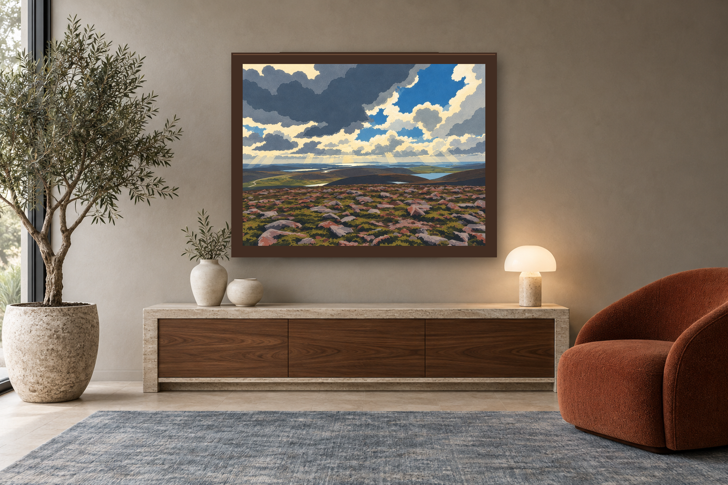 Distance After Rain in the lithographic style, framed above a walnut console in a warm neutral reading room.