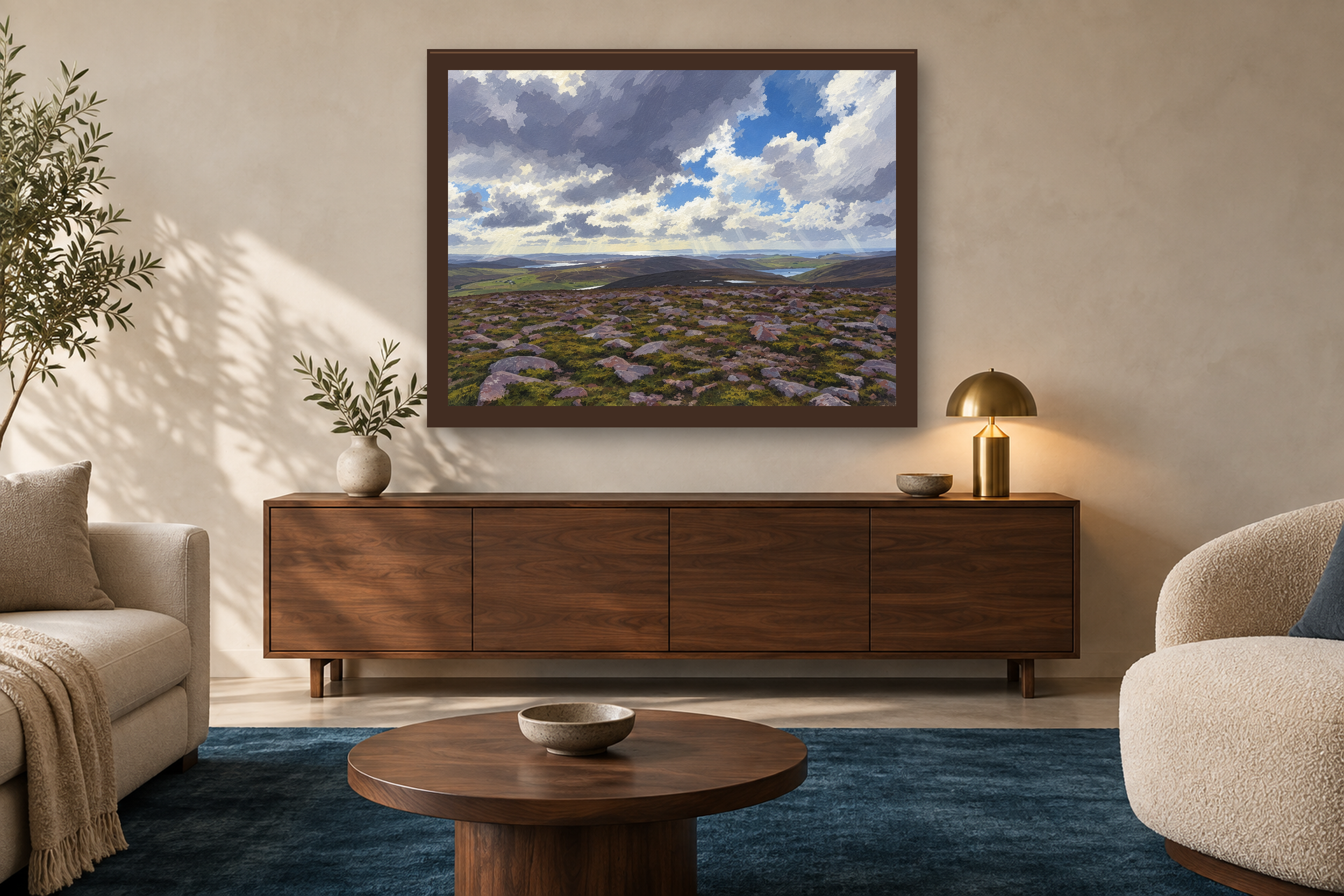 Distance After Rain in the gouache style, framed above a walnut credenza in a sunlit neutral living room.