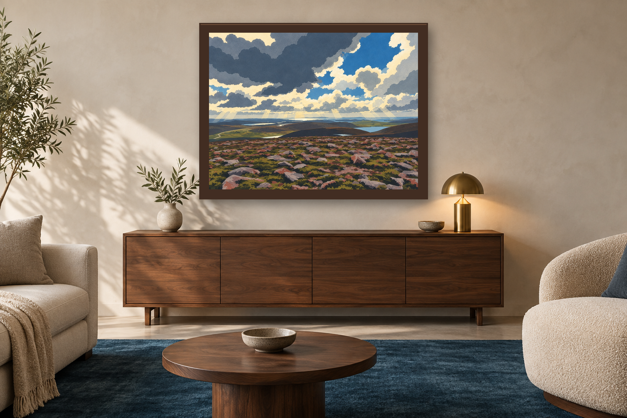 Distance After Rain in the lithographic style, framed above a walnut credenza in a sunlit neutral living room.
