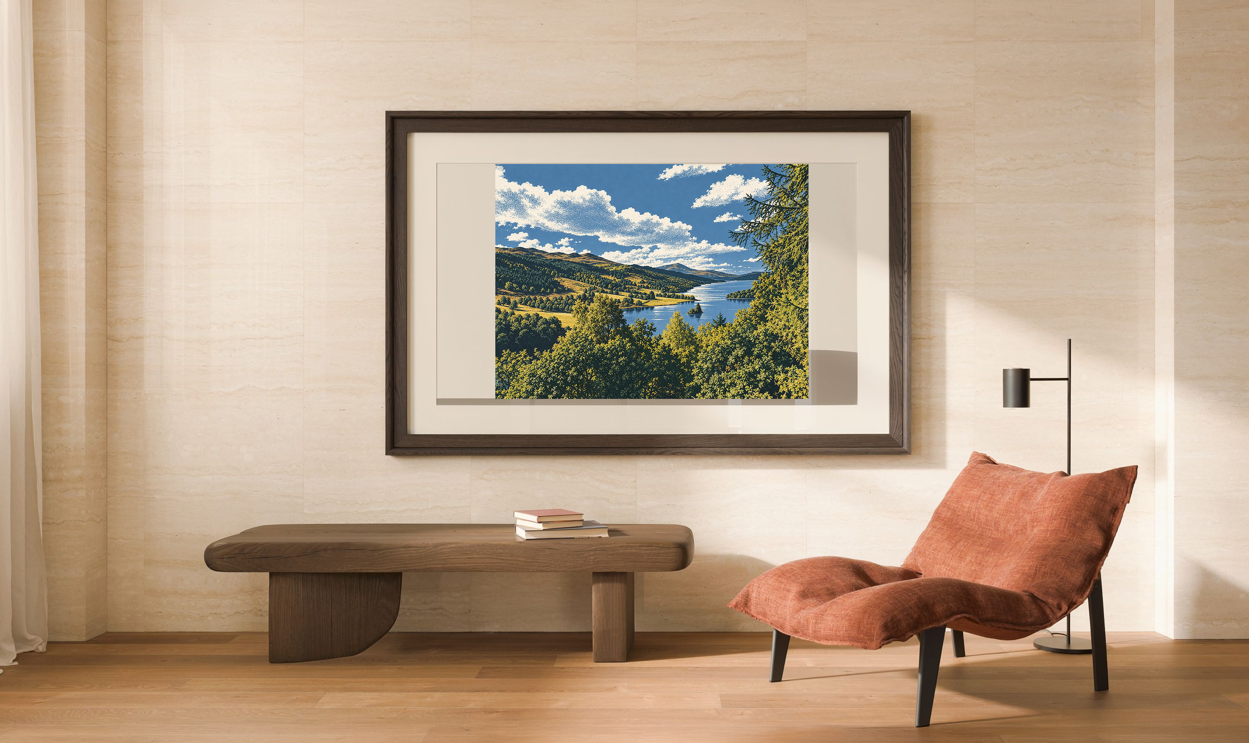 The Long Water in the screenprint style, framed in a warm contemporary library lounge.