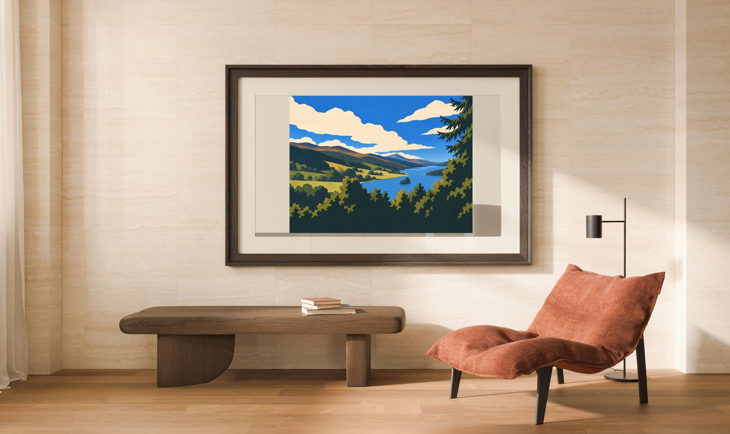 The Long Water in the lithographic style, framed in a warm contemporary library lounge.