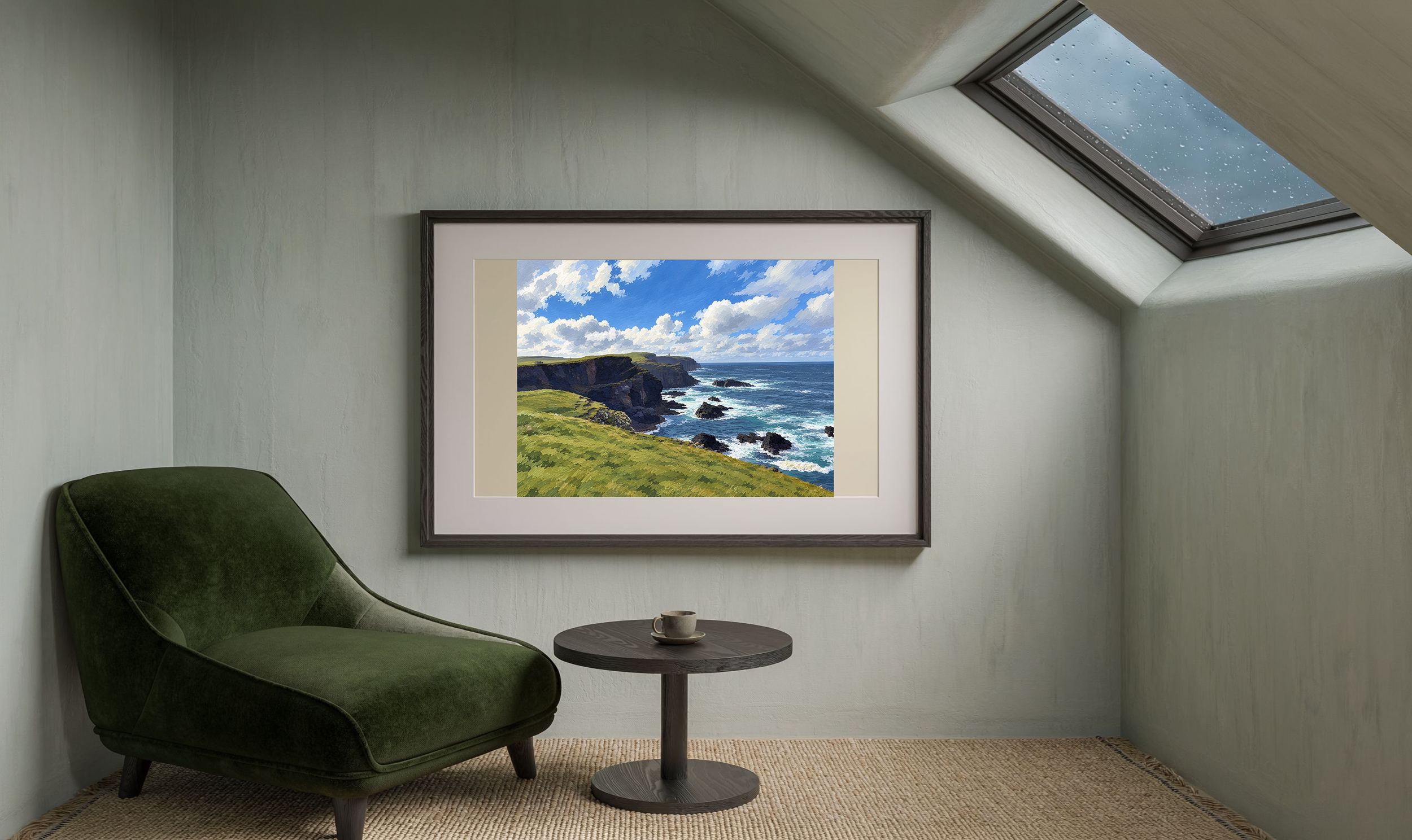 Weather at the Edge in the gouache style, framed in a calm coastal alcove.