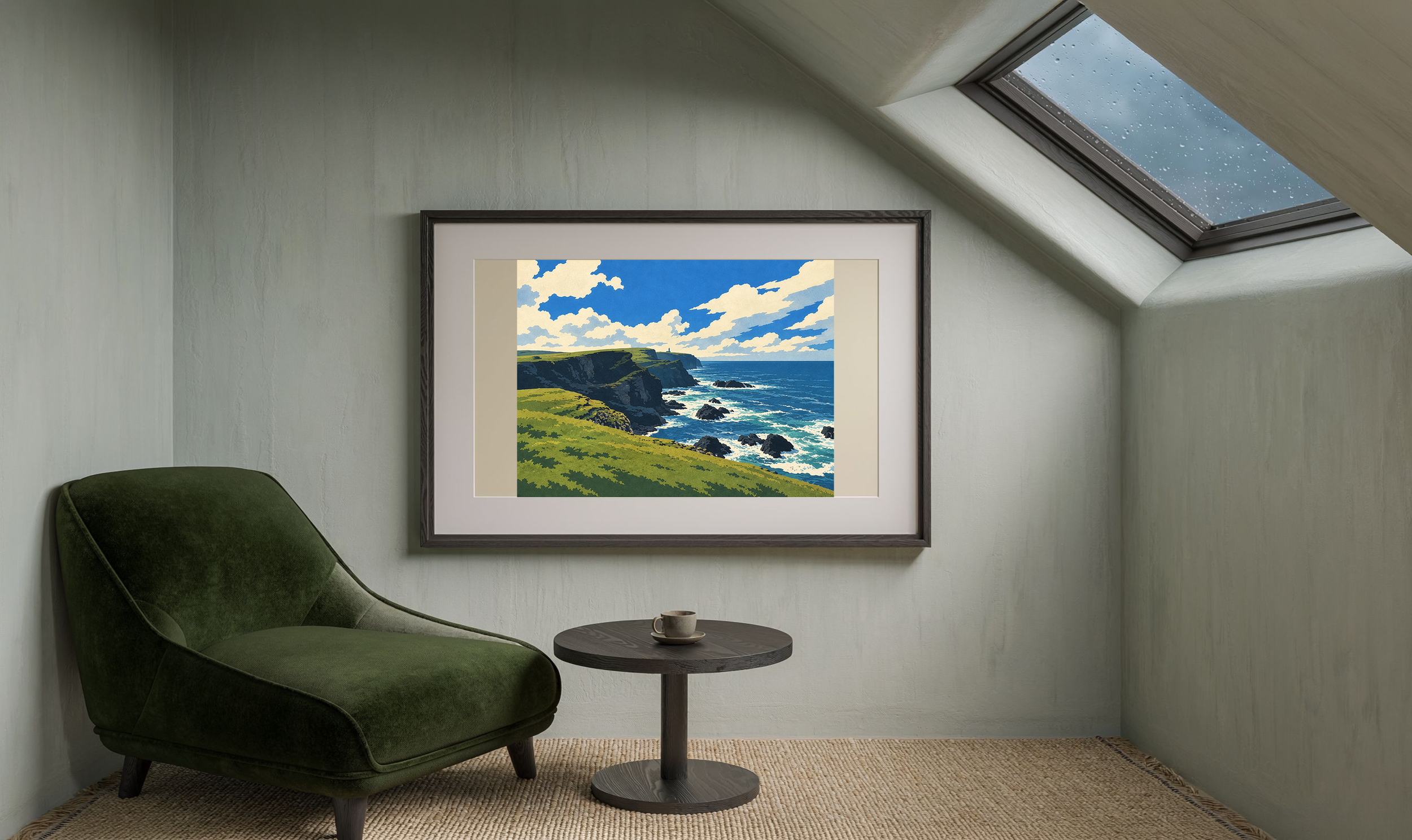 Weather at the Edge in the lithographic style, framed in a calm coastal alcove.