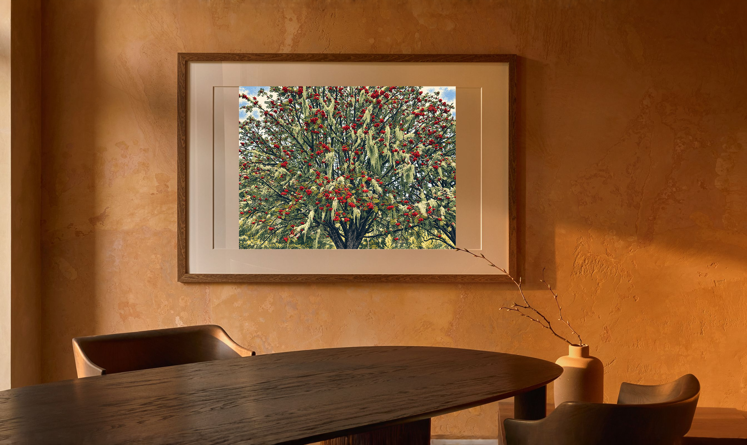 Red Letter Day in the screenprint style, framed in a warm intimate dining nook.