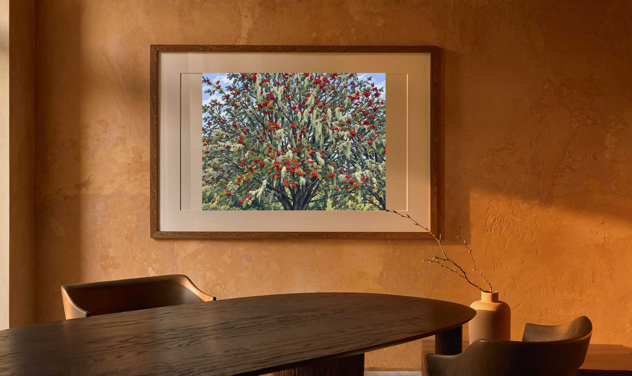 Red Letter Day in the gouache style, framed in a warm intimate dining nook.