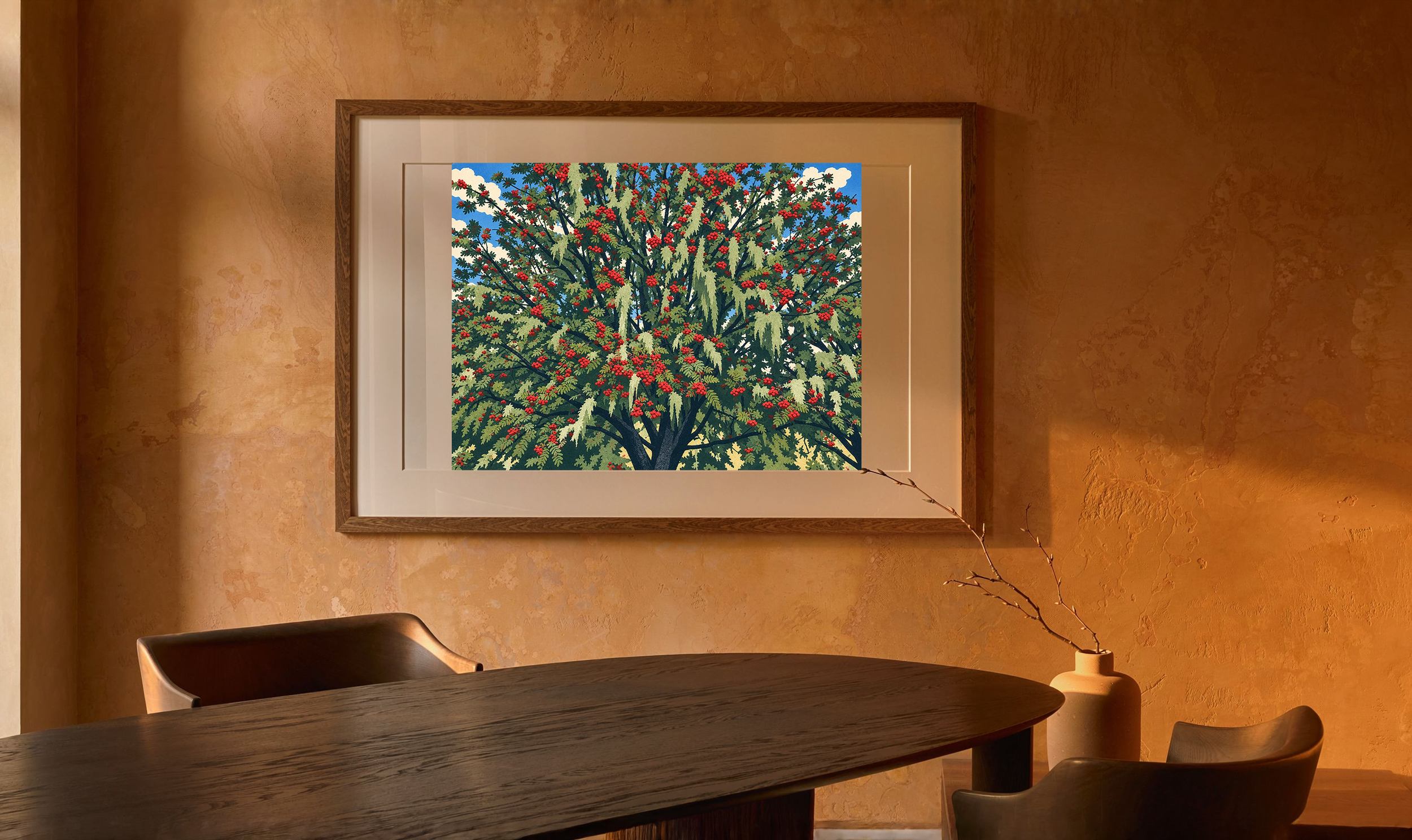 Red Letter Day in the lithographic style, framed in a warm intimate dining nook.
