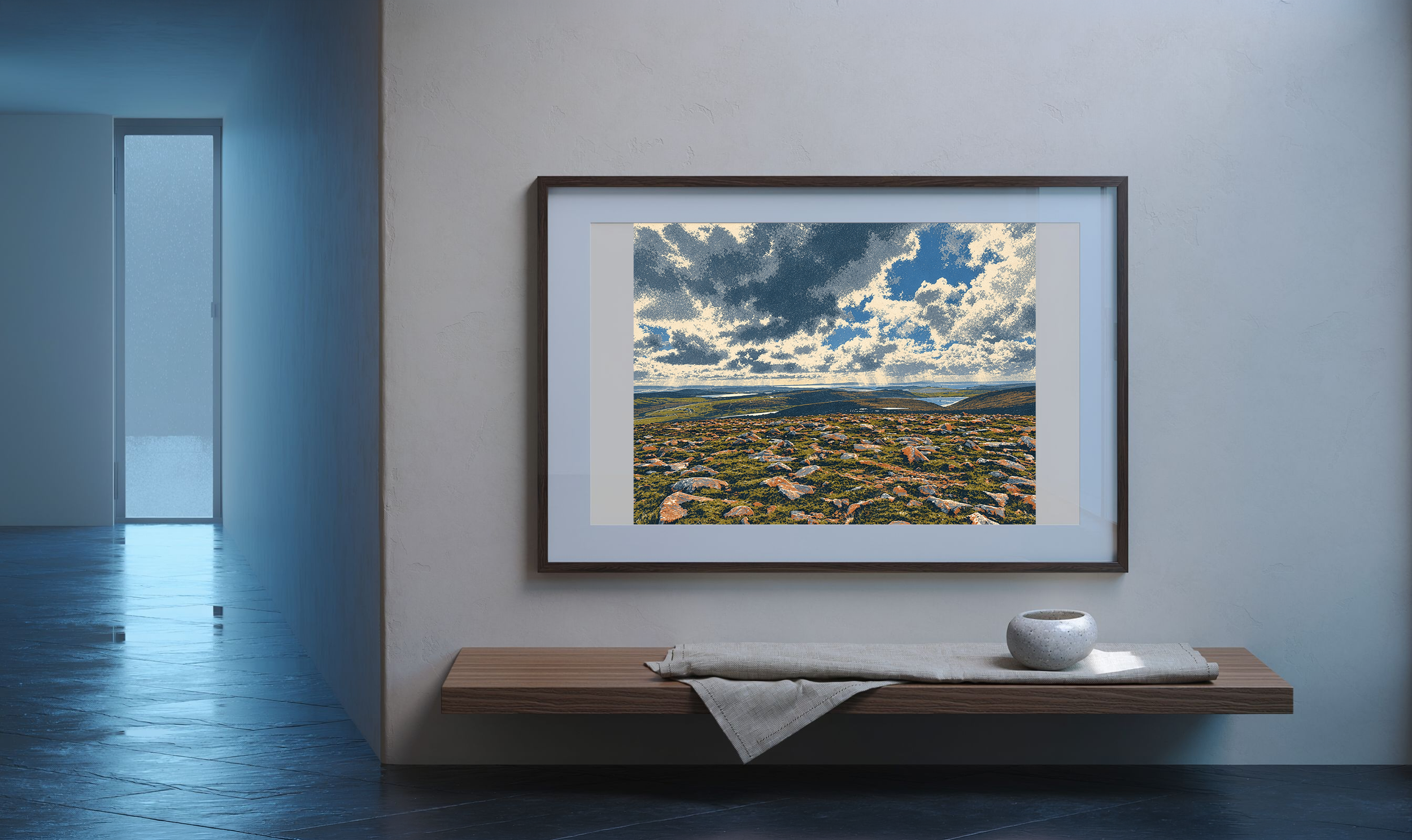 Distance After Rain in the screenprint style, framed in a cool rain-lit gallery interior.