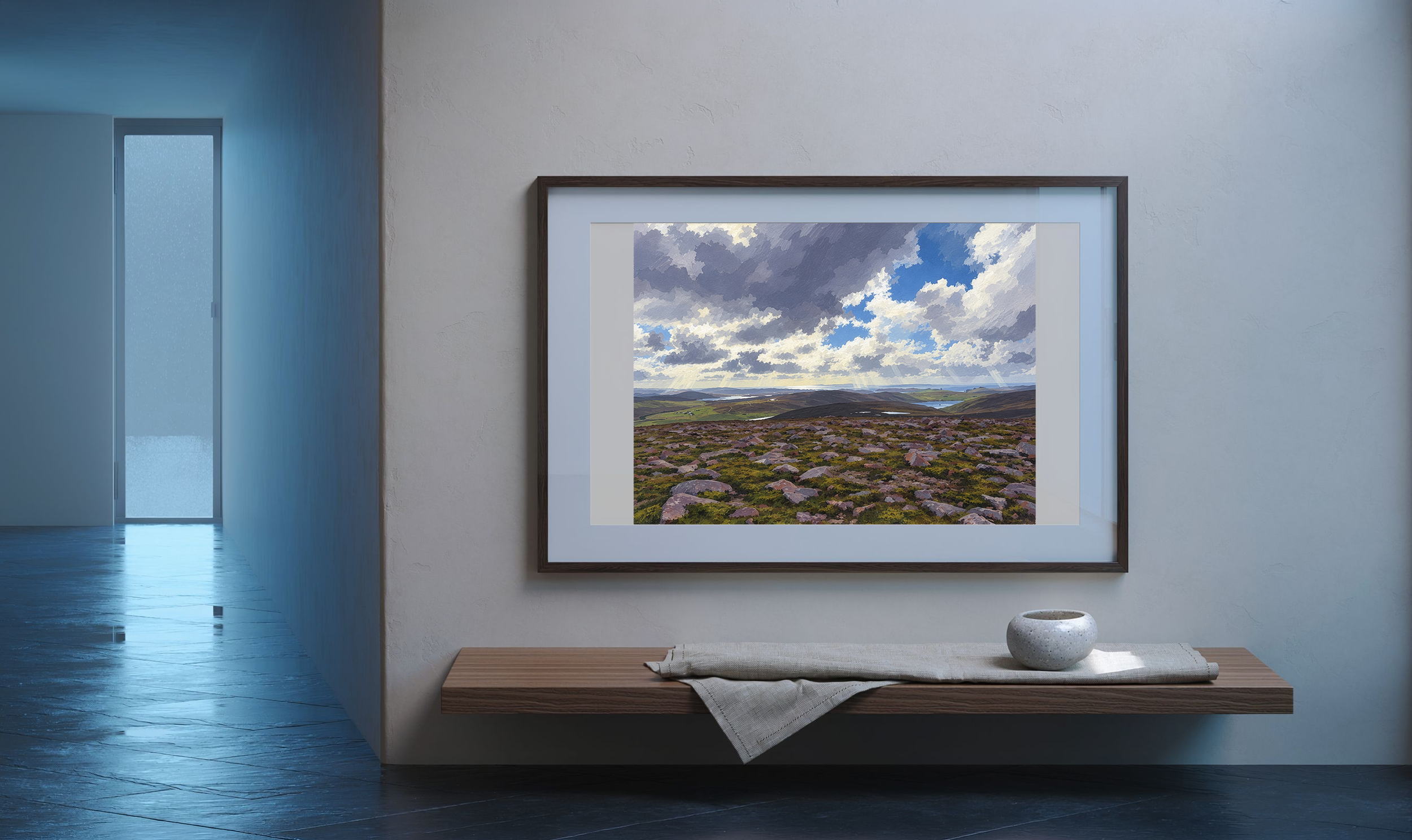 Distance After Rain in the gouache style, framed in a cool rain-lit gallery interior.