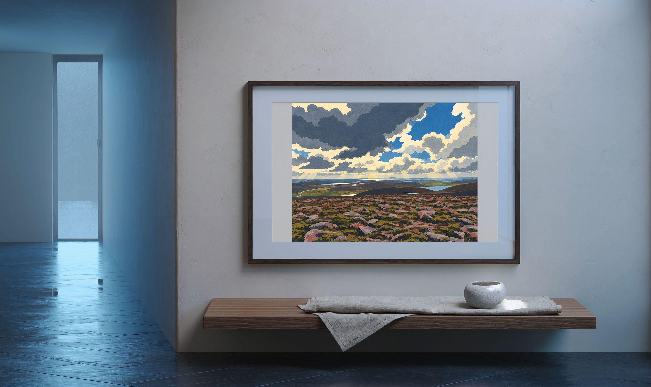 Distance After Rain in the lithographic style, framed in a cool rain-lit gallery interior.