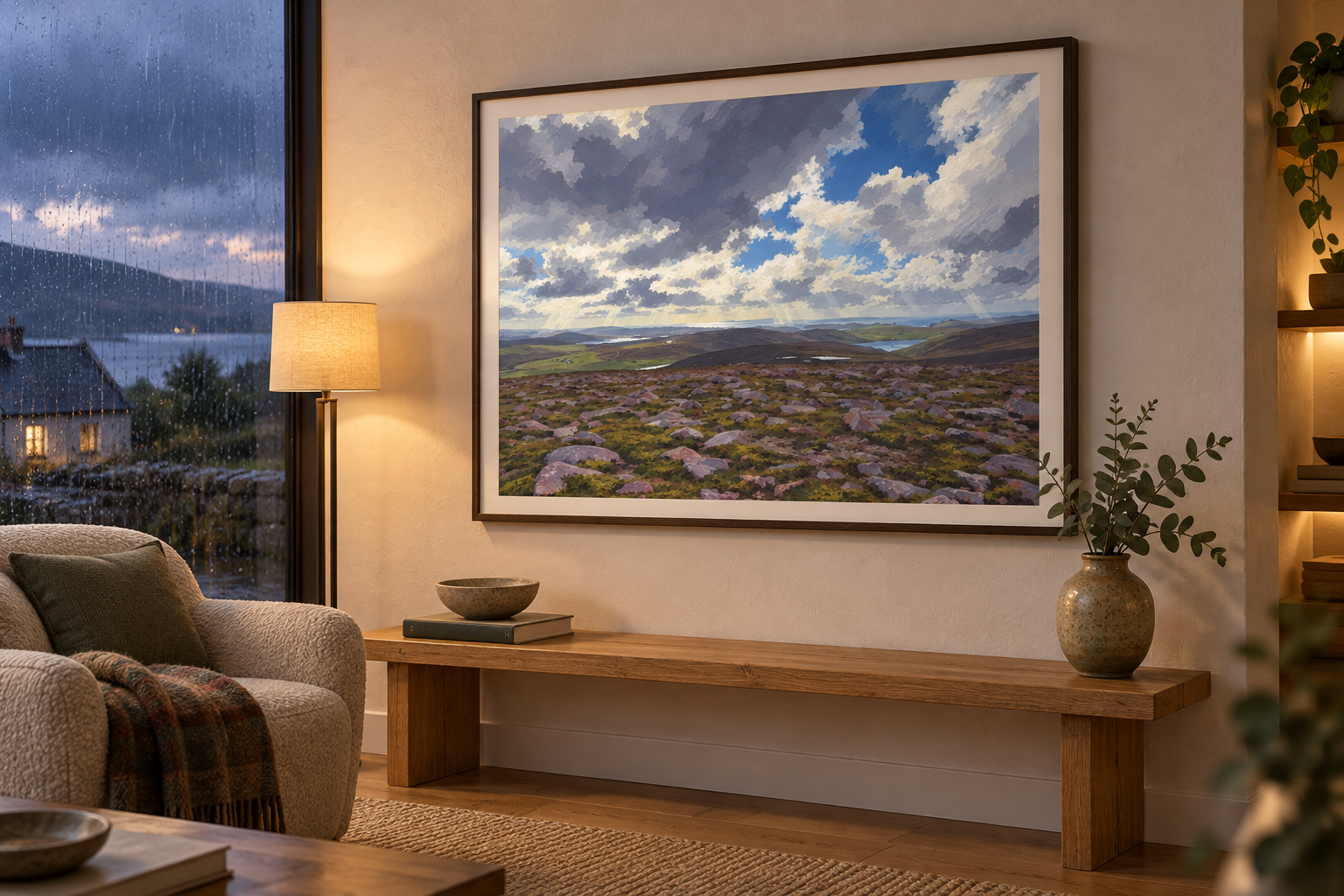 Distance After Rain in the gouache style, framed in a warm gallery lounge while rain falls outside.