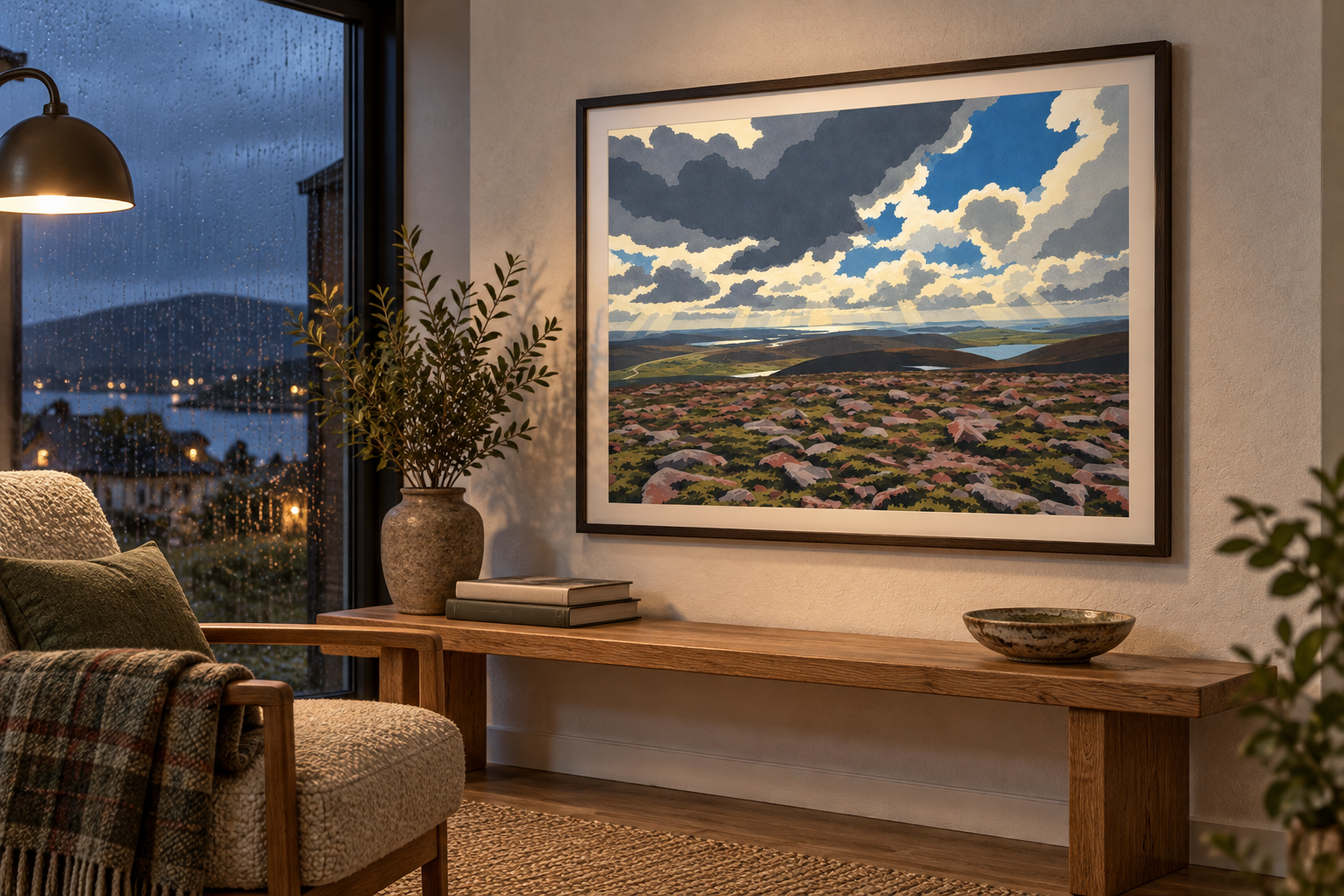 Distance After Rain in the lithographic style, framed in a warm gallery lounge while rain falls outside.