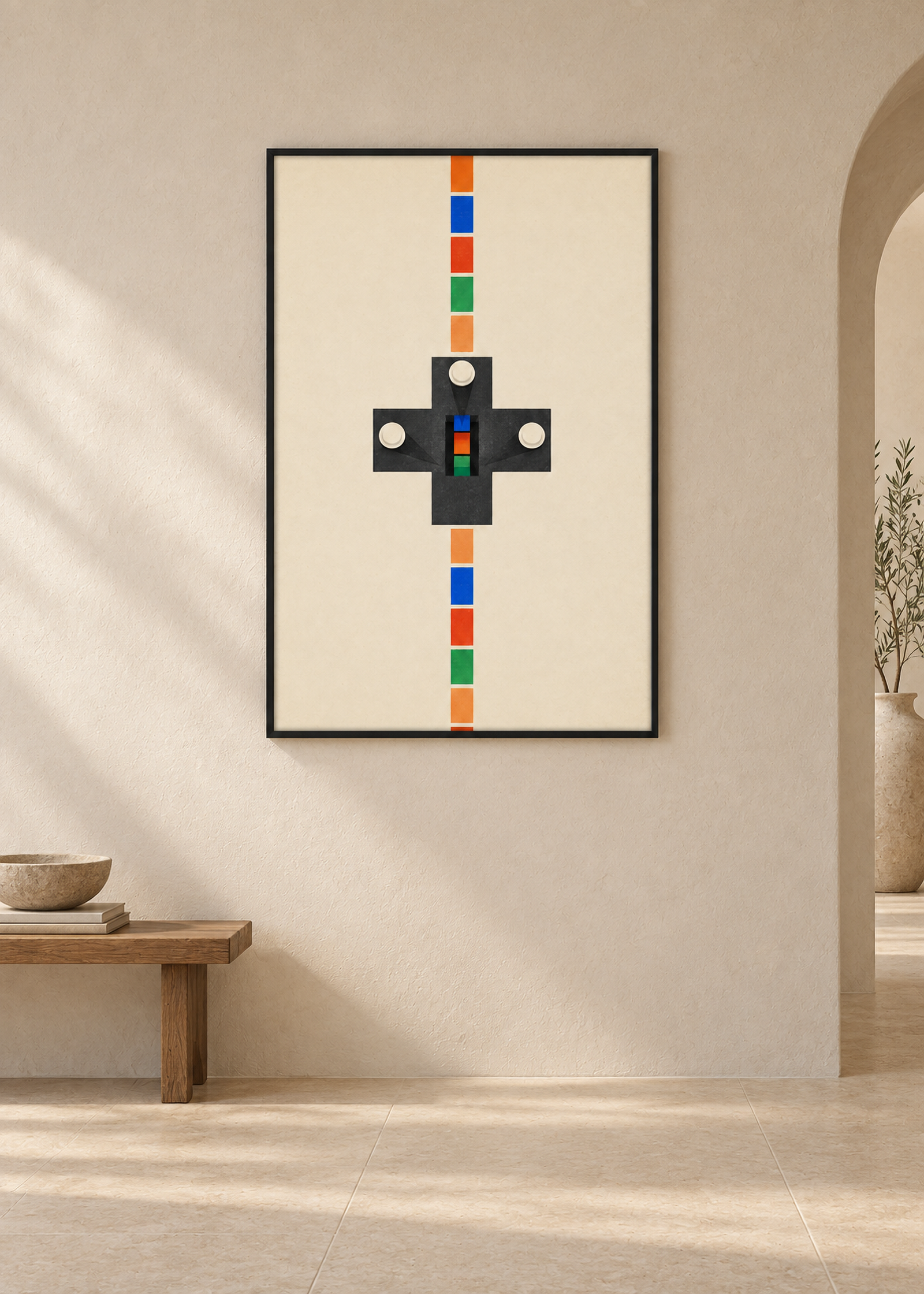 The Fourth Place Is Falling framed on a warm plaster gallery wall above a low timber bench.