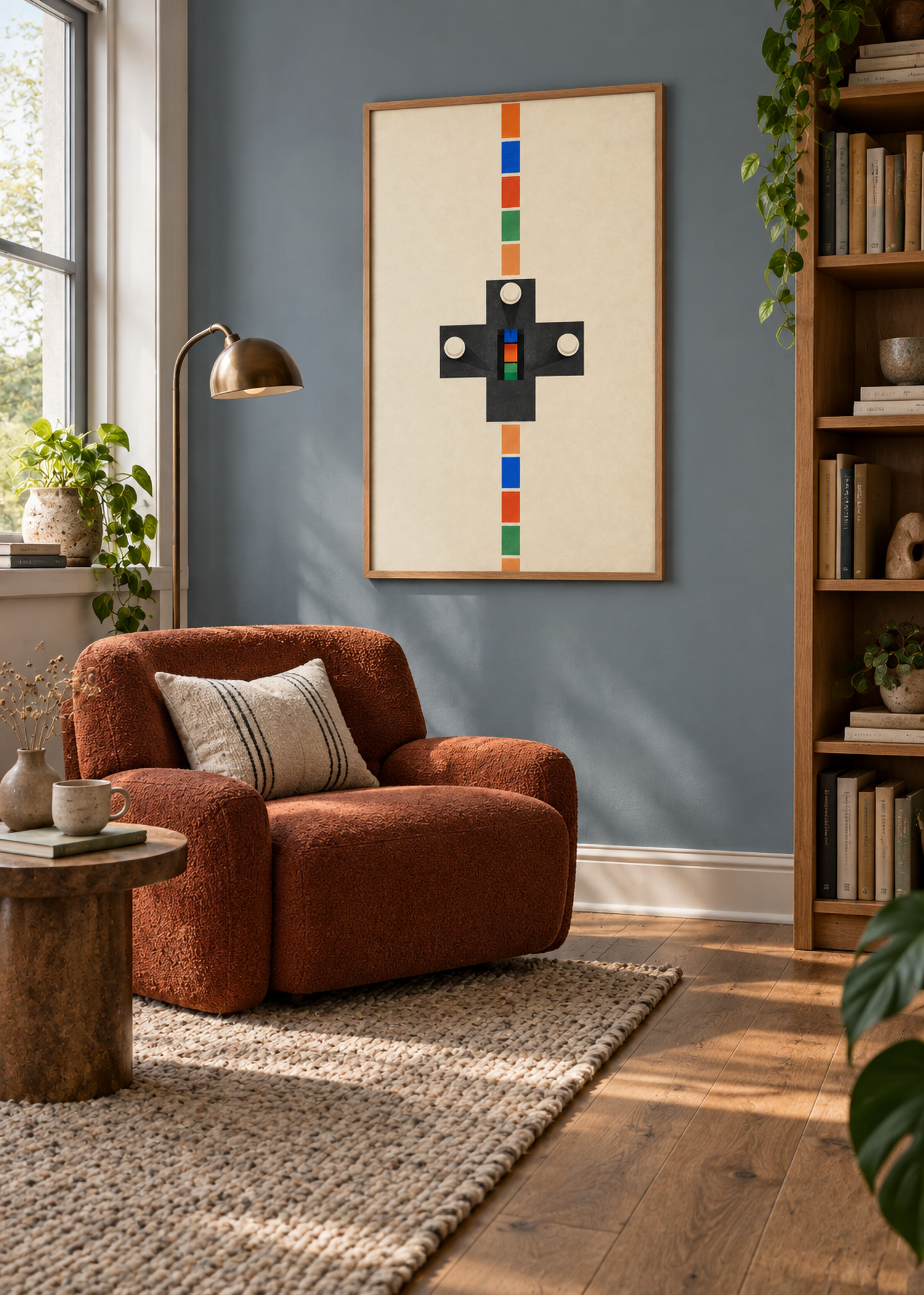 The Fourth Place Is Falling in an oak frame above a rust armchair in a calm blue-grey reading room.