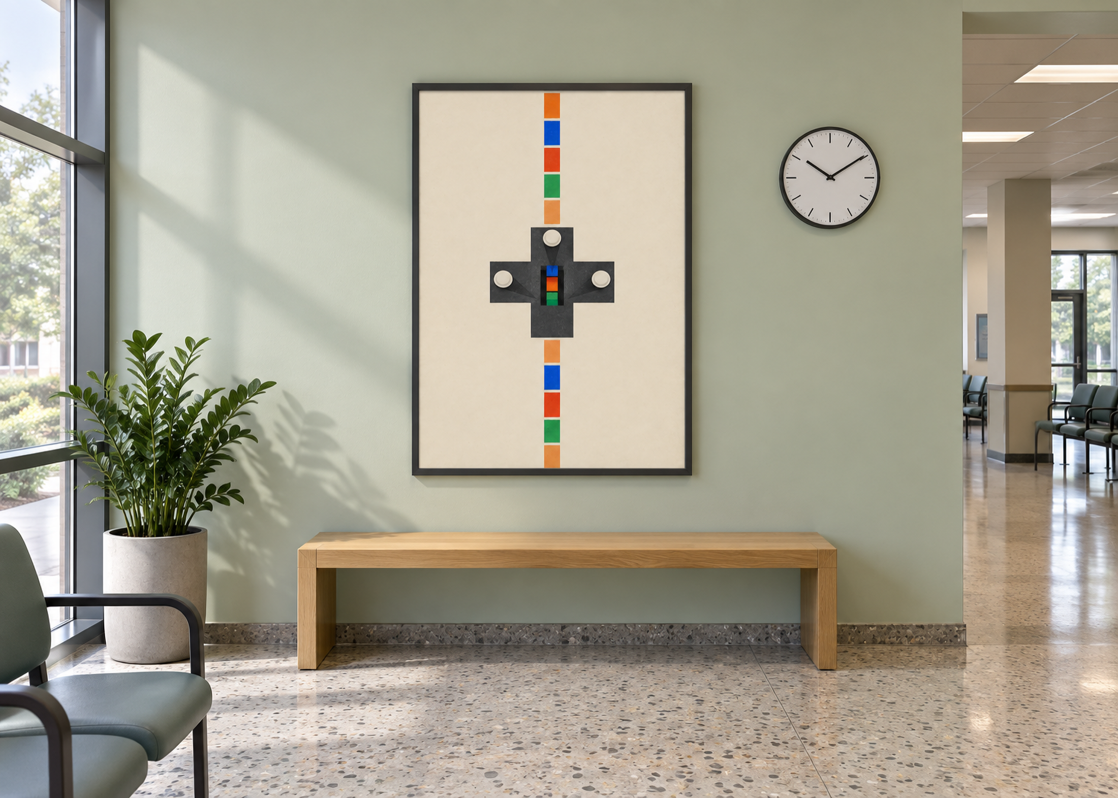 The Fourth Place Is Falling mounted above a timber bench in a quiet contemporary civic waiting room.