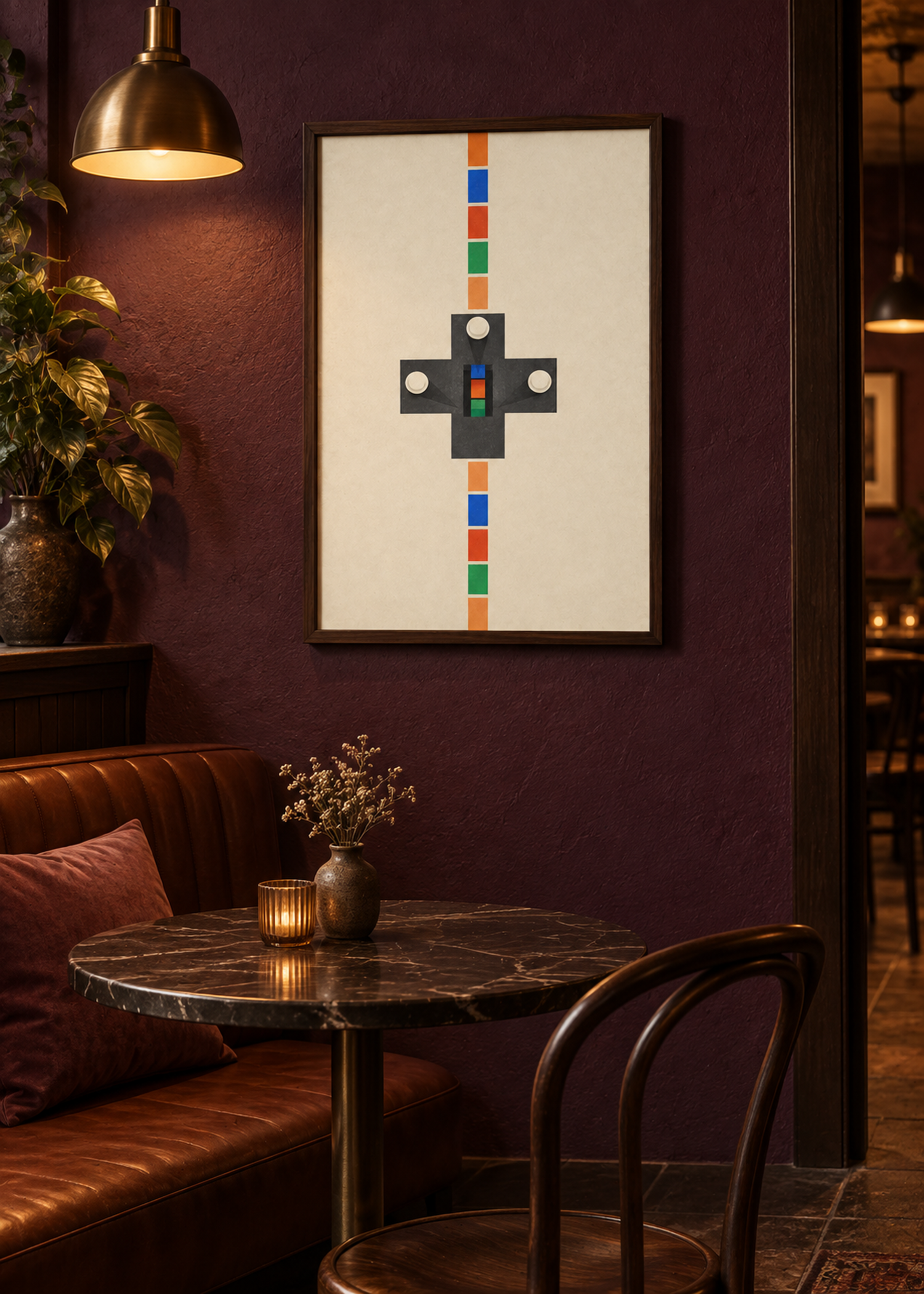 The Fourth Place Is Falling in a dark walnut frame within a warm aubergine cafe alcove.