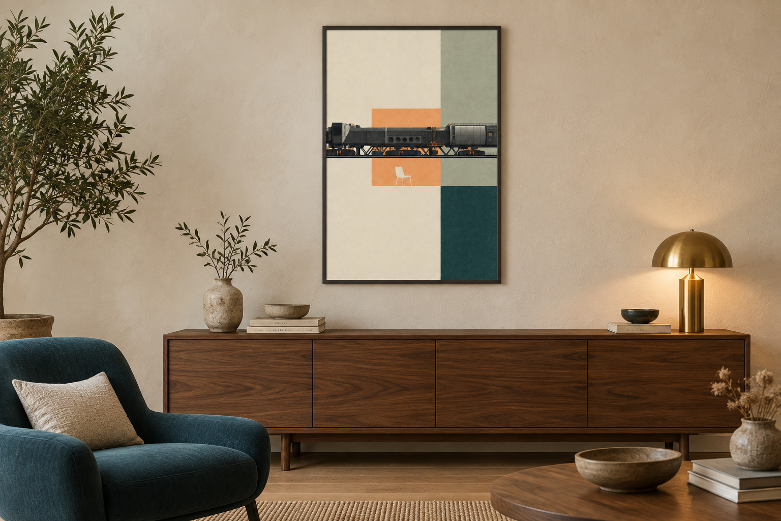 The Causeway Before Dawn art print mounted above a walnut sideboard in a warm living room with a petrol-blue chair and brass lamp.