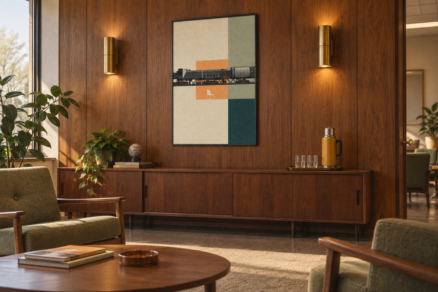 The Causeway Before Dawn art print mounted in a warm early-1970s programme lounge with walnut panelling, sage chairs and an ochre drinks flask.