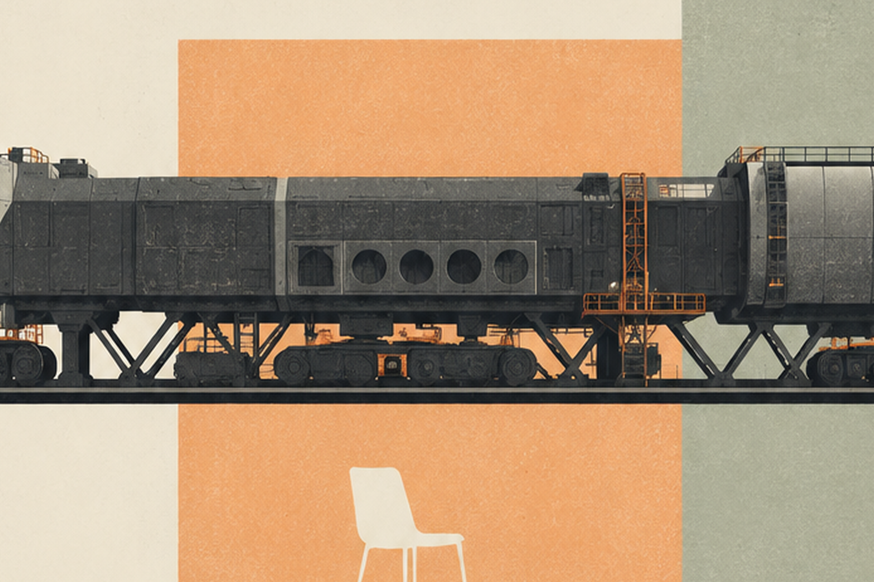 Artwork detail from The Causeway Before Dawn showing the charcoal transporter, orange access structure, apricot field and empty white chair.