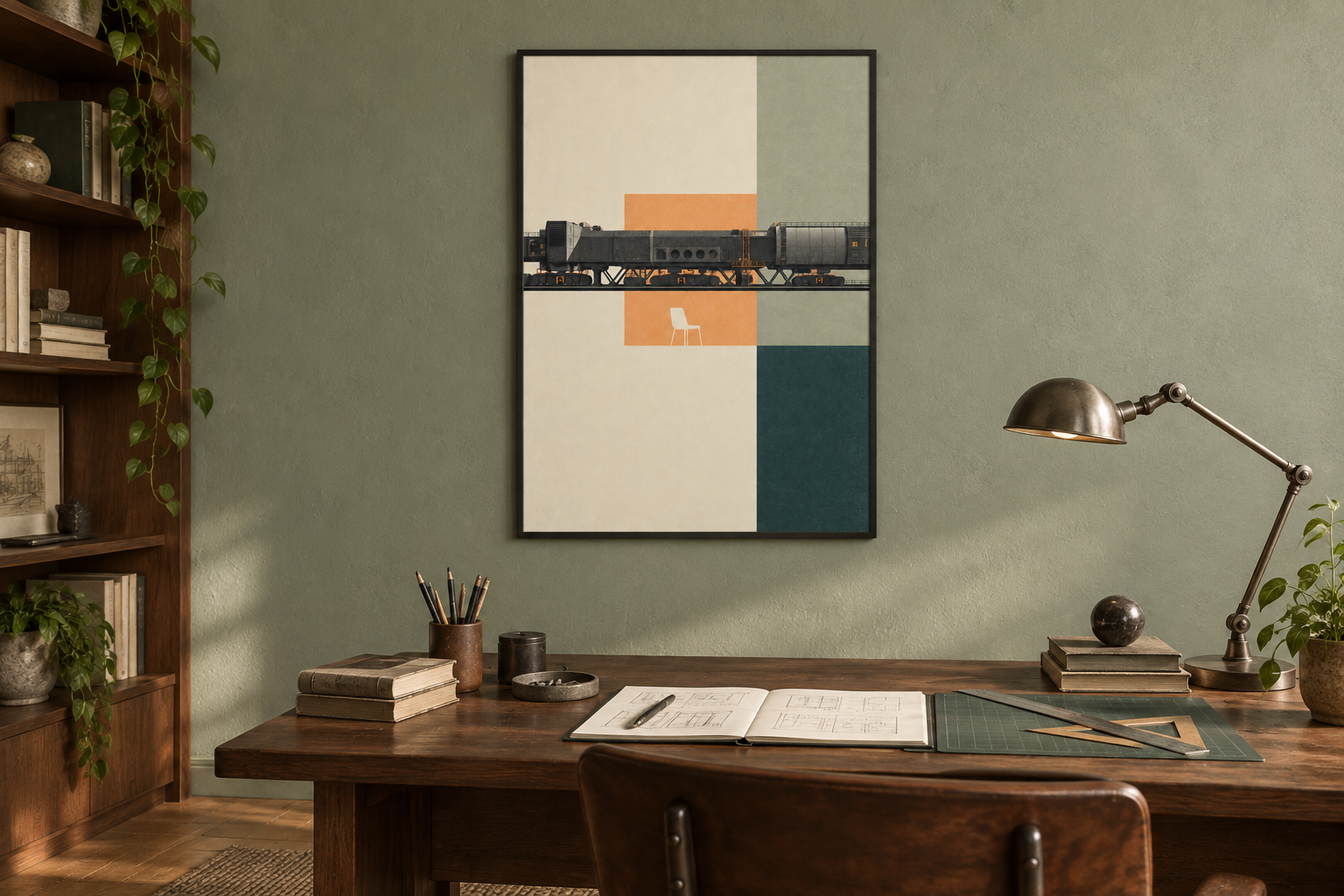 The Causeway Before Dawn art print mounted above a walnut desk in a restrained sage study with books and drawing tools.