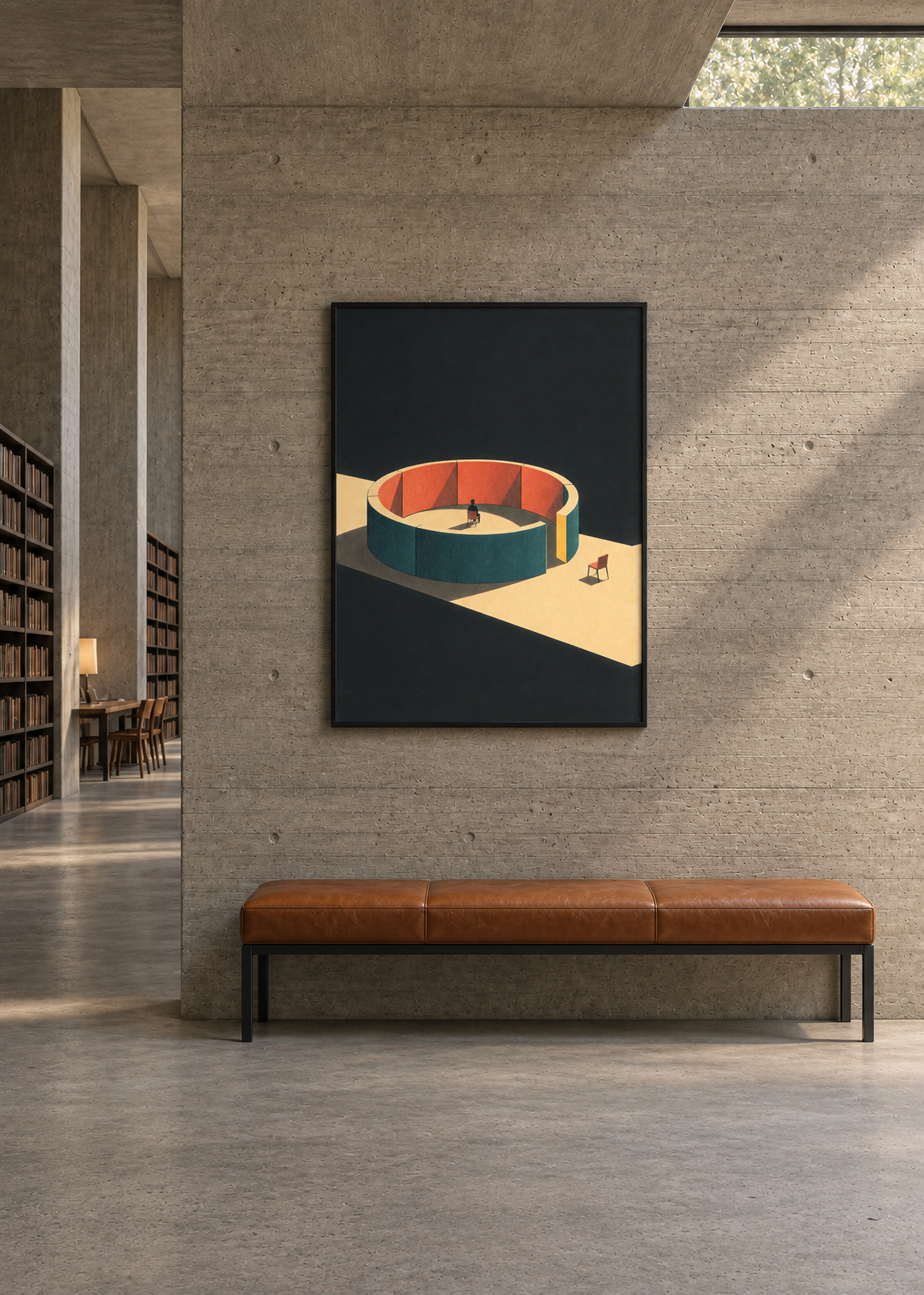 The Opening Faces Away in a black frame above a leather bench in a concrete reading hall.