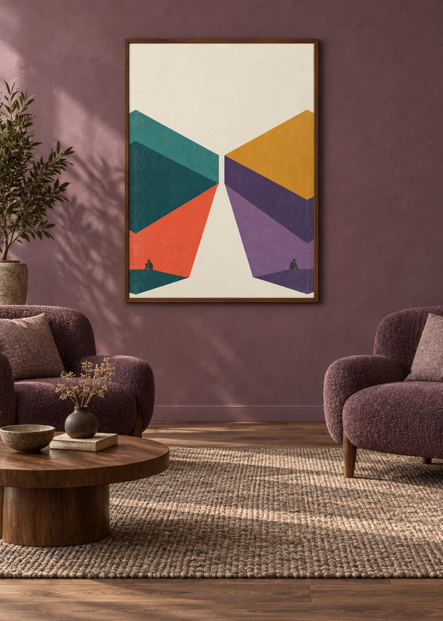 The Gap Grows Closer in a walnut frame between two chairs in a plum conversation lounge.